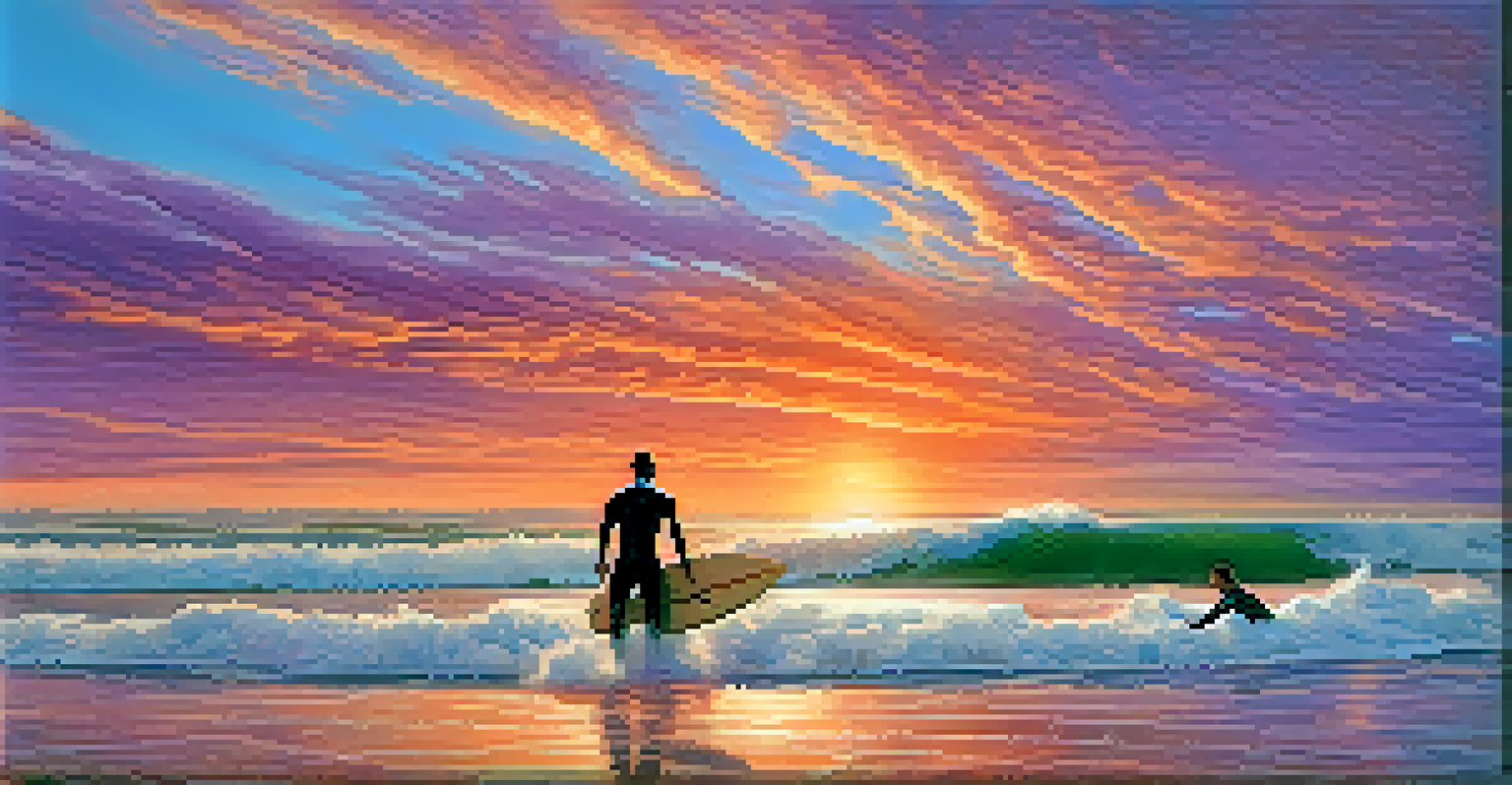 A surfer riding a large wave at sunset, with vibrant colors in the sky and spectators on the beach.
