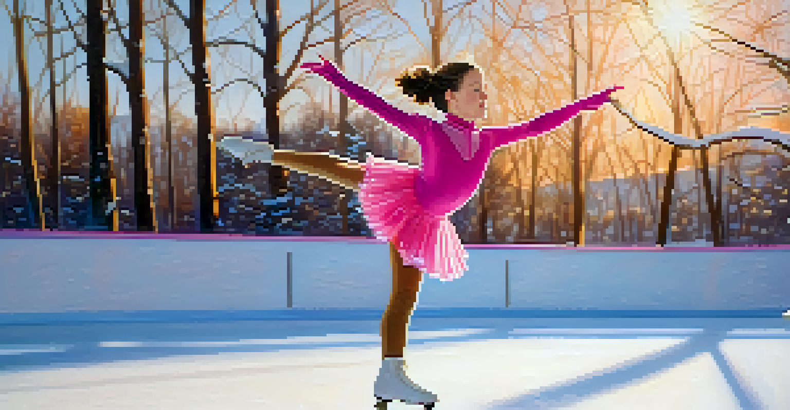 A young girl in a pink skating outfit practicing a jump on an outdoor rink, with snow-covered trees and sunlight glistening off the ice.