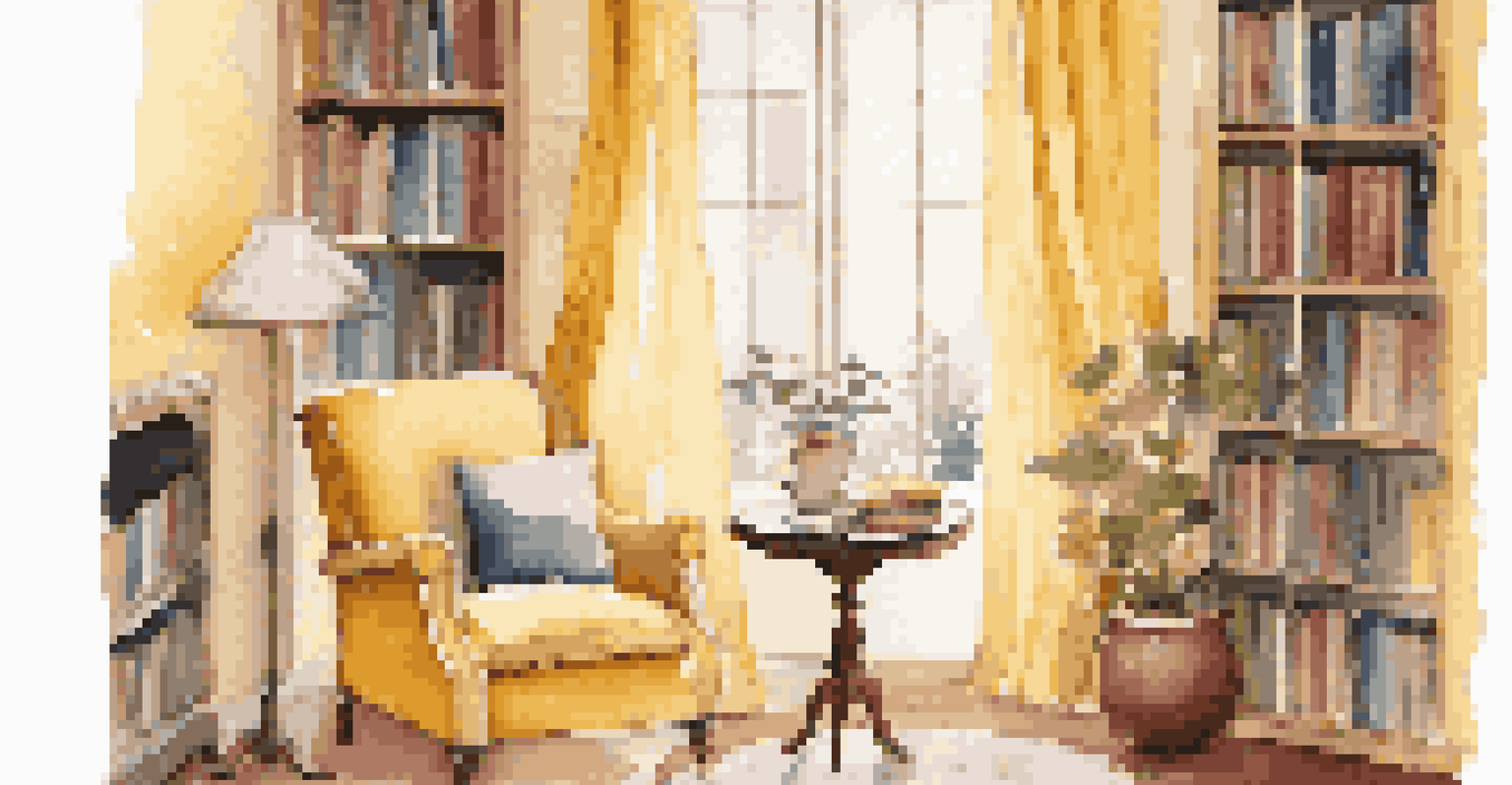 A peaceful reading nook with a vintage yellow armchair, bookshelves, and a cup of tea on a side table.