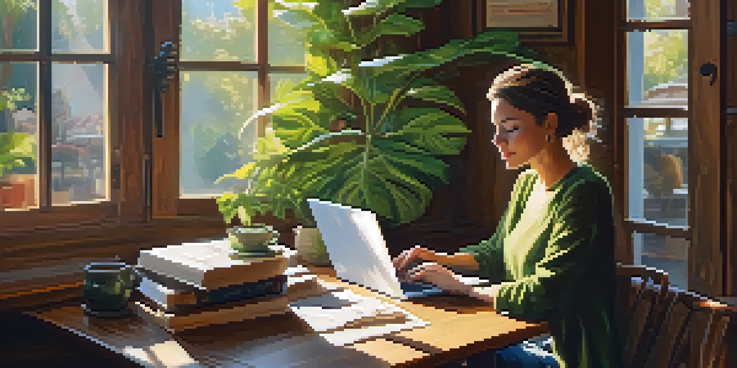 A travel blogger working on a laptop in a cozy café with travel books and a coffee cup.