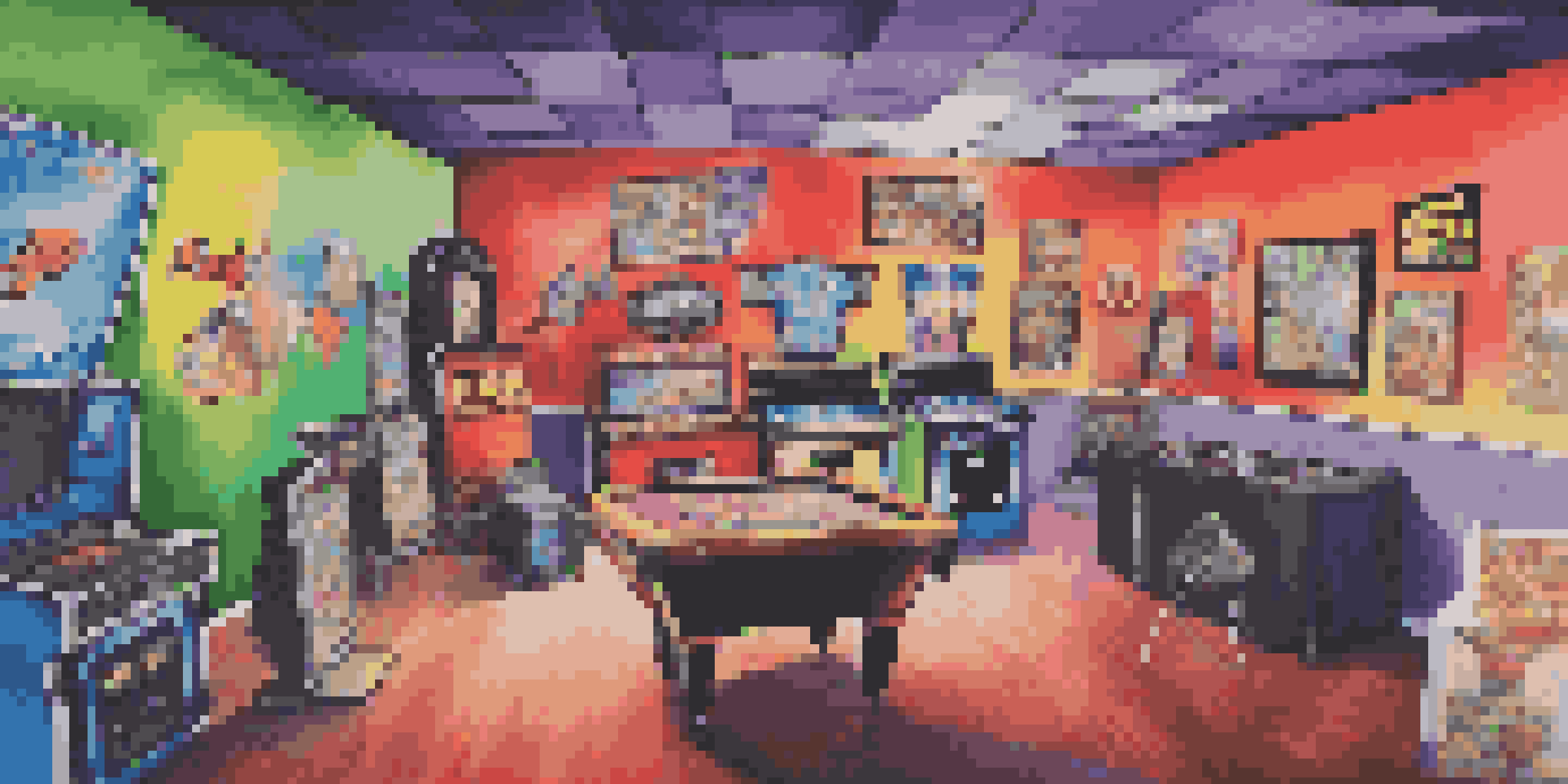 A vibrant gaming-themed party area with decorations and a photo booth, creating a fun and engaging atmosphere for guests.