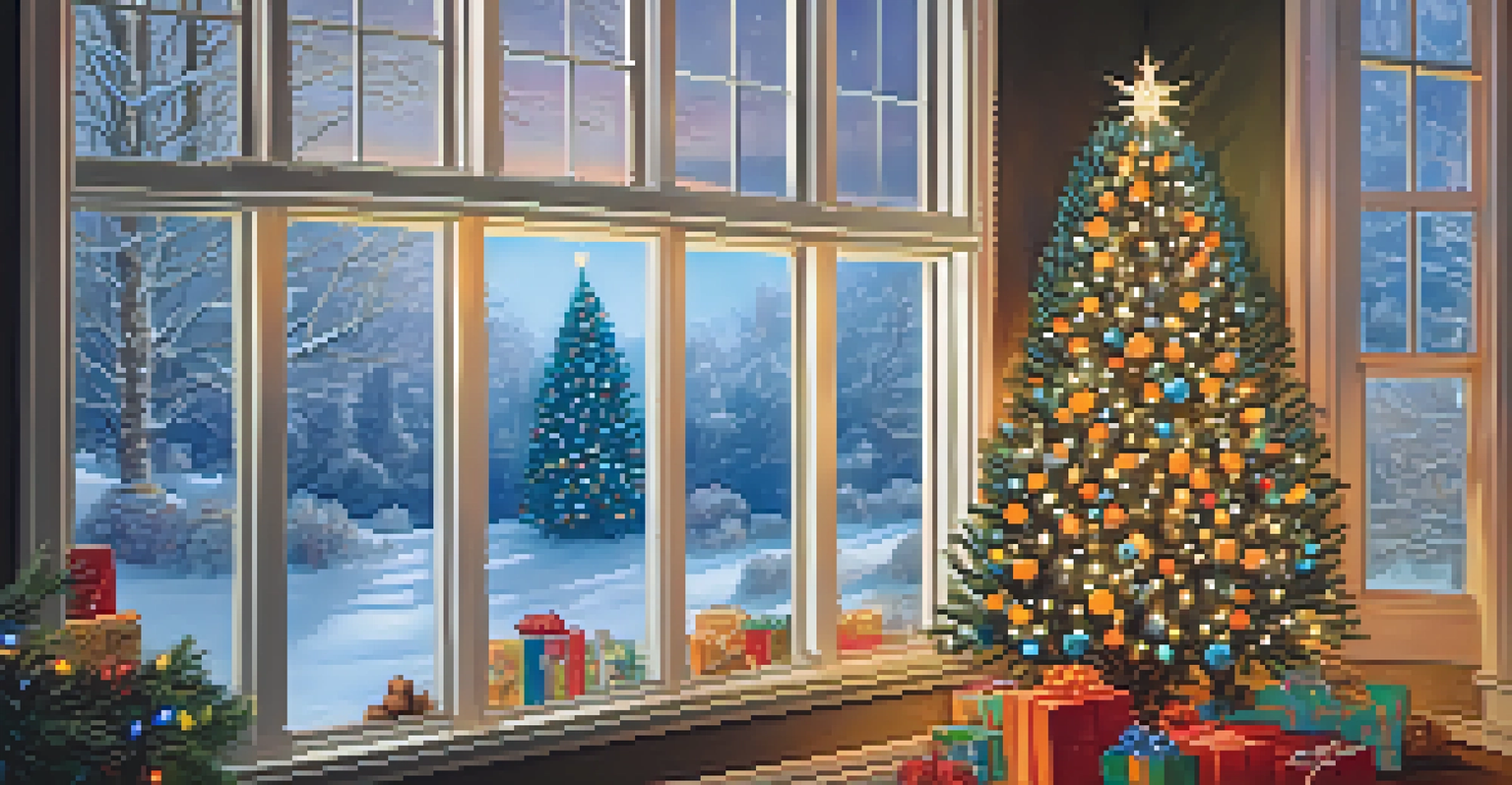 A decorated Christmas tree with homemade ornaments and glowing lights, creating a festive winter atmosphere.