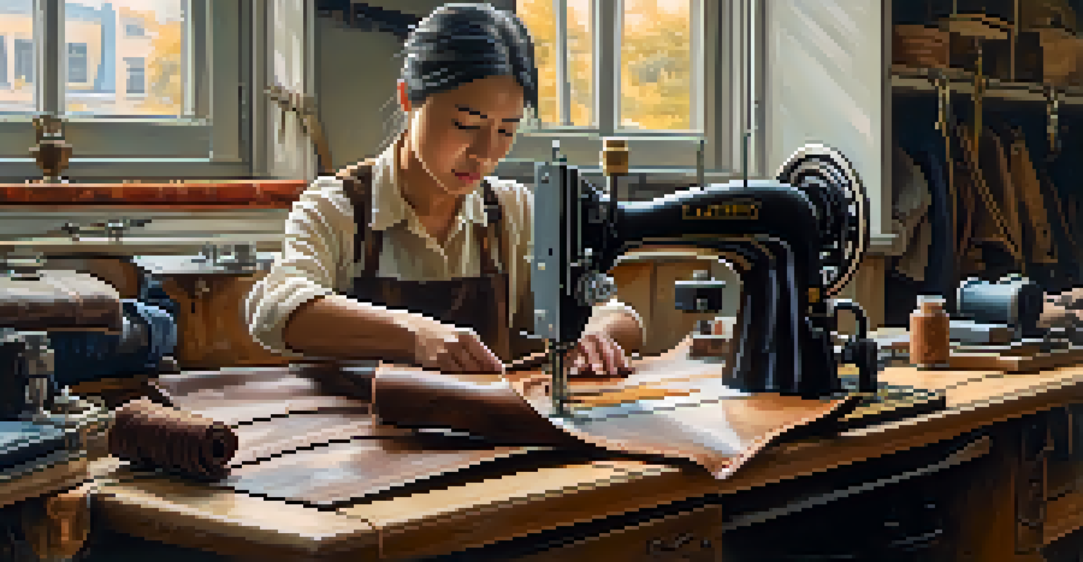 An artisan using a sewing machine to stitch leather, with a focus on the needle and thread, in a well-lit workshop.