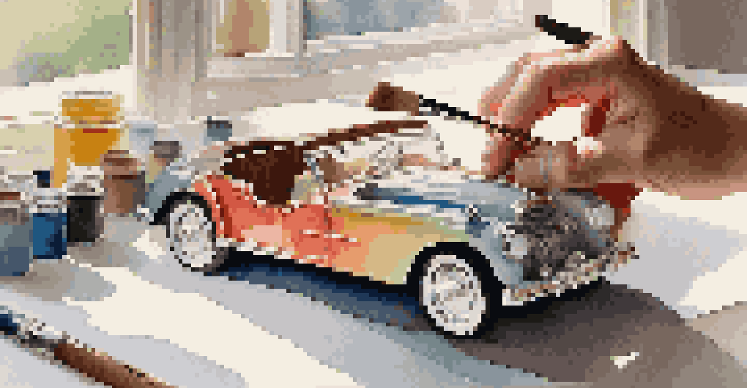 An artist's hands painting a small scale model of a vintage car with paint pots around them.
