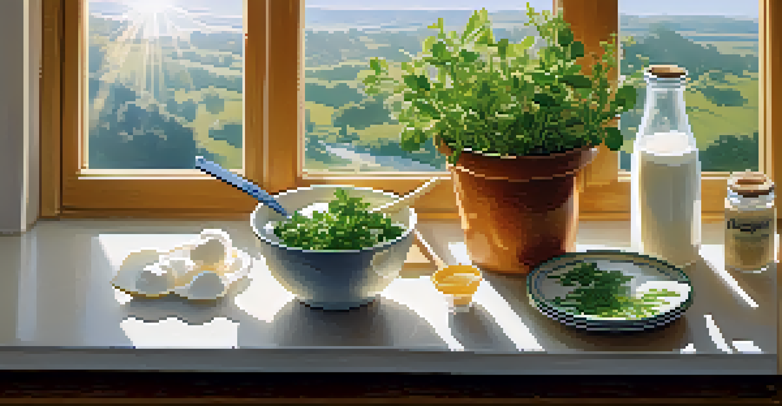 Ingredients for making yogurt on a kitchen countertop, with milk, yogurt starter culture, and a whisk in a sunny kitchen.