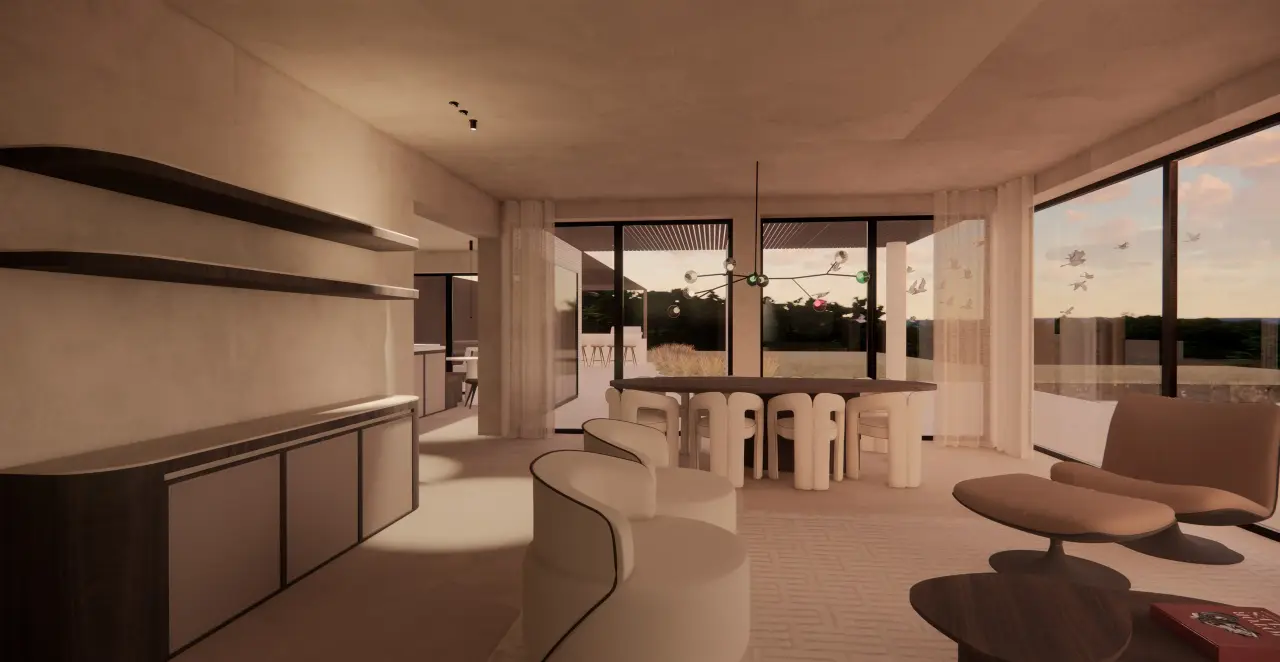 Leefruimte met zicht op het terras, Villa Palma (render)