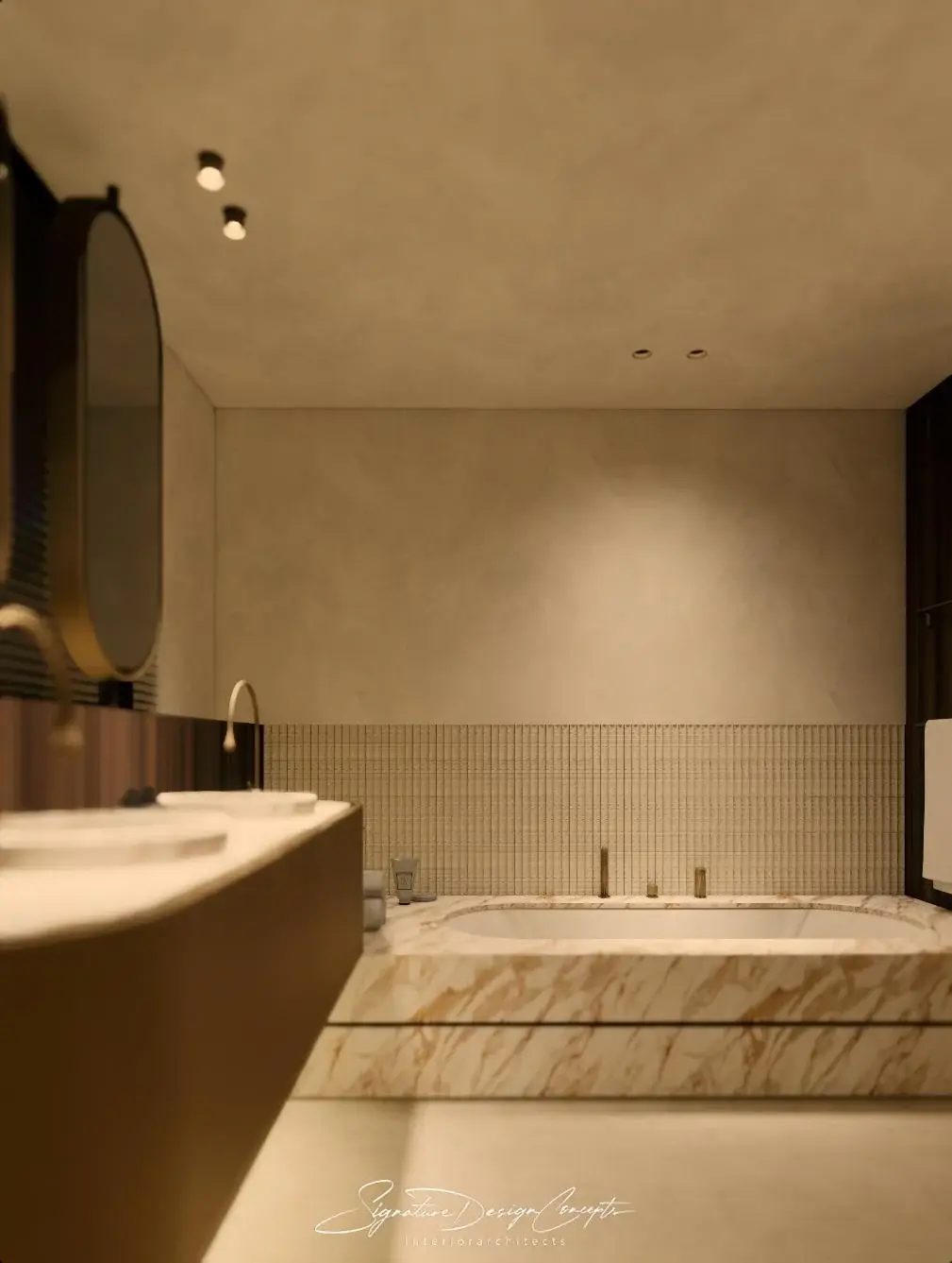 Badkamer met ligbad in natuursteen, Villa Mozart (render)