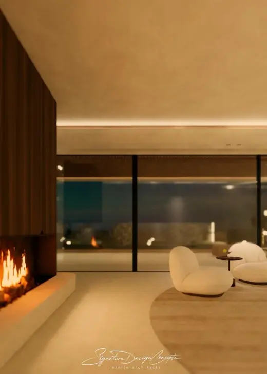 Leefruimte met open haard en zeezicht, Villa Mozart (render)
