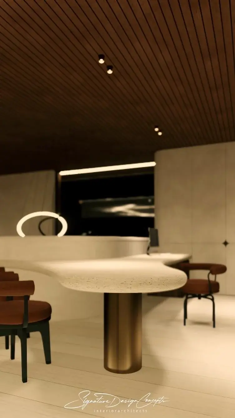 Eethoek onder een houten plafond, Villa Mozart (render)