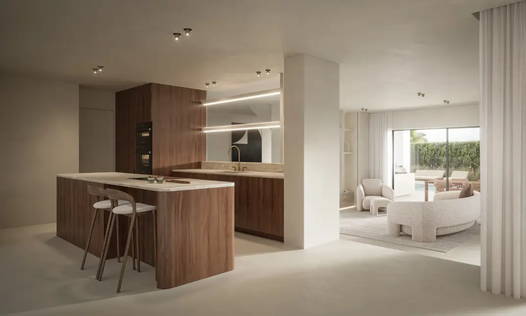 Keuken in donker hout, Villa Kia Ora (render)