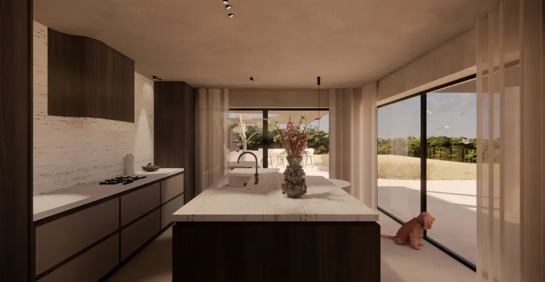 Keuken met eiland en zicht op de tuin, Villa Palma (render)