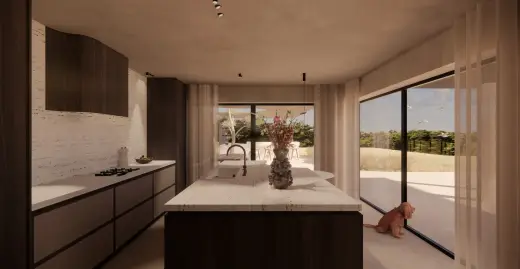 Keuken met eiland en zicht op de tuin, Villa Palma (render)