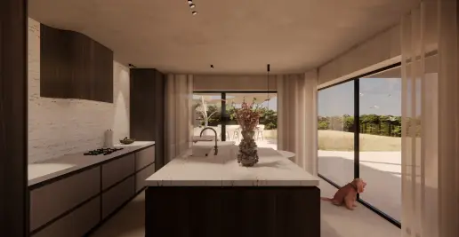 Keuken met eiland en zicht op de tuin, Villa Palma (render)
