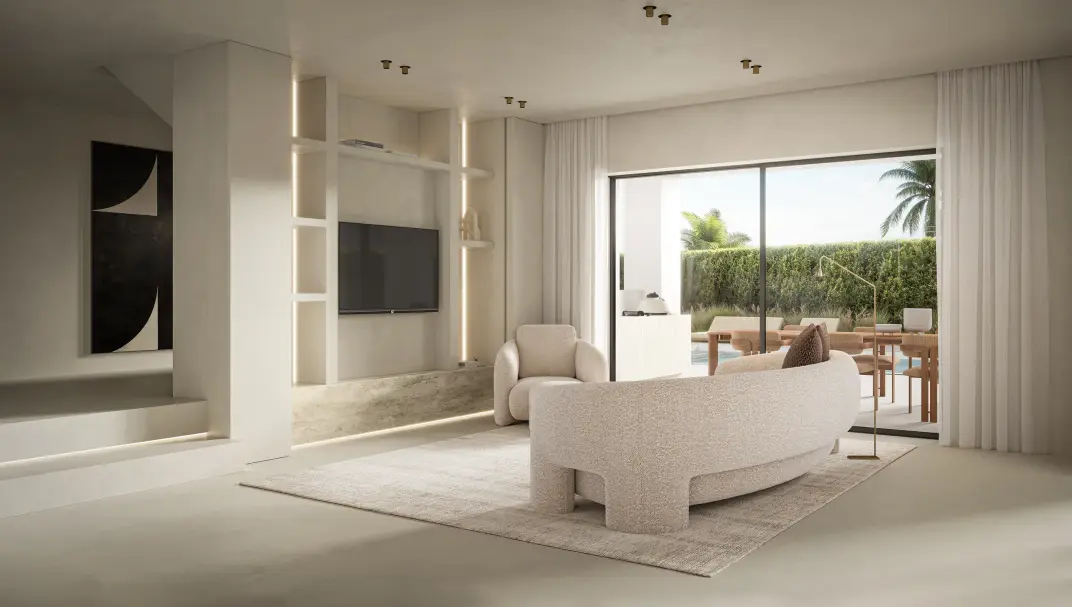 Leefruimte met schuiframen naar het terras, Villa Kia Ora (render)