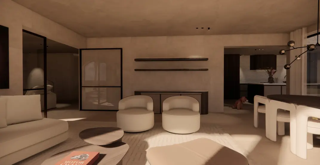 Zithoek in de leefruimte, Villa Palma (render)
