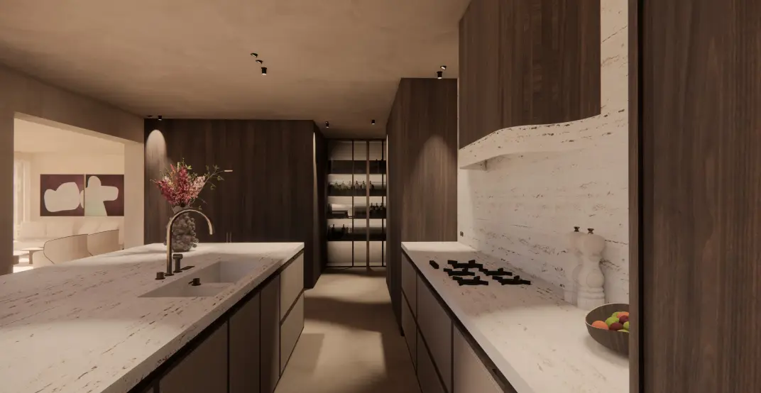 Keuken met natuurstenen werkbladen, Villa Palma (render)