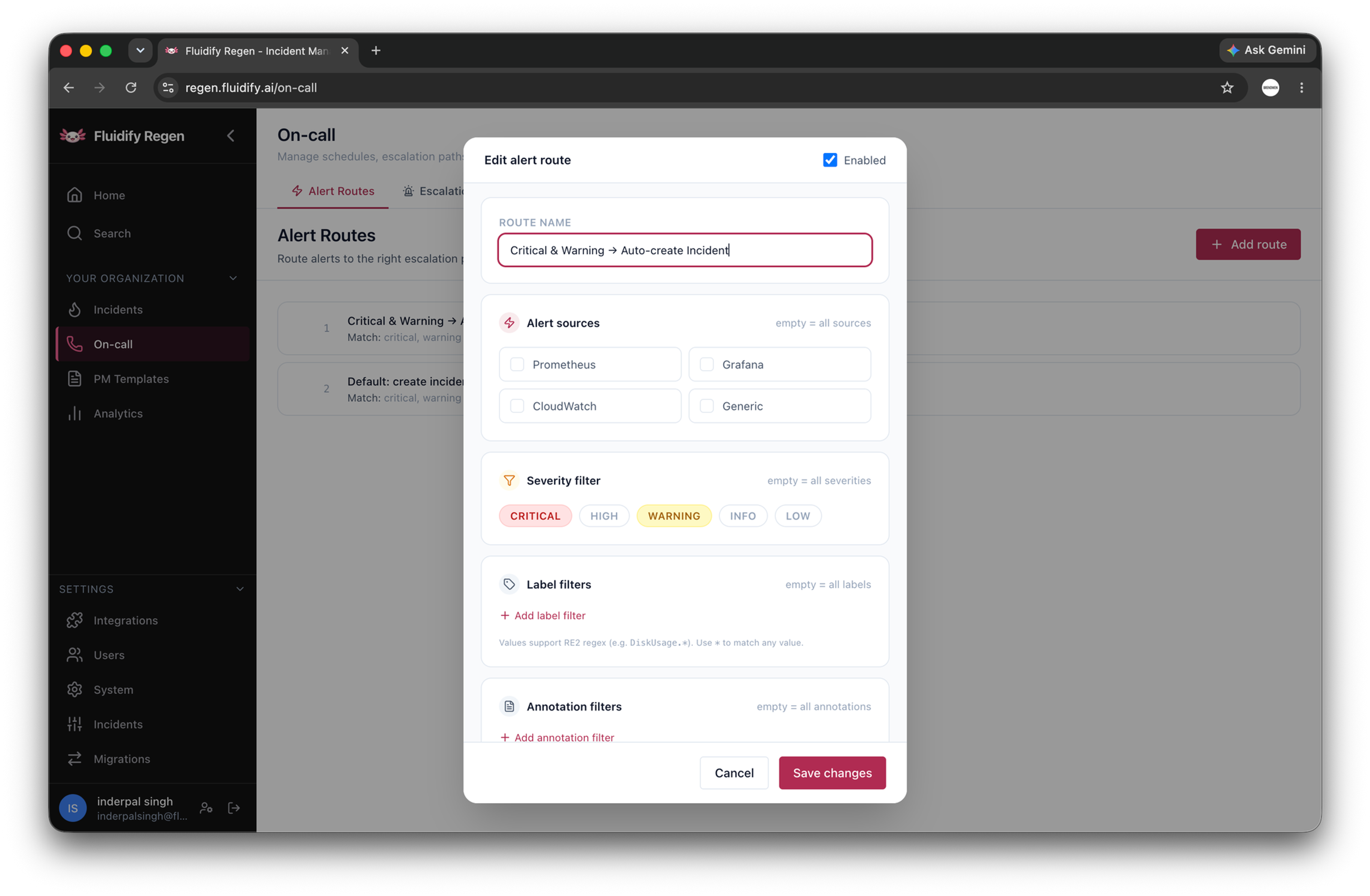 FluidifyAI Regen alert routing configuration