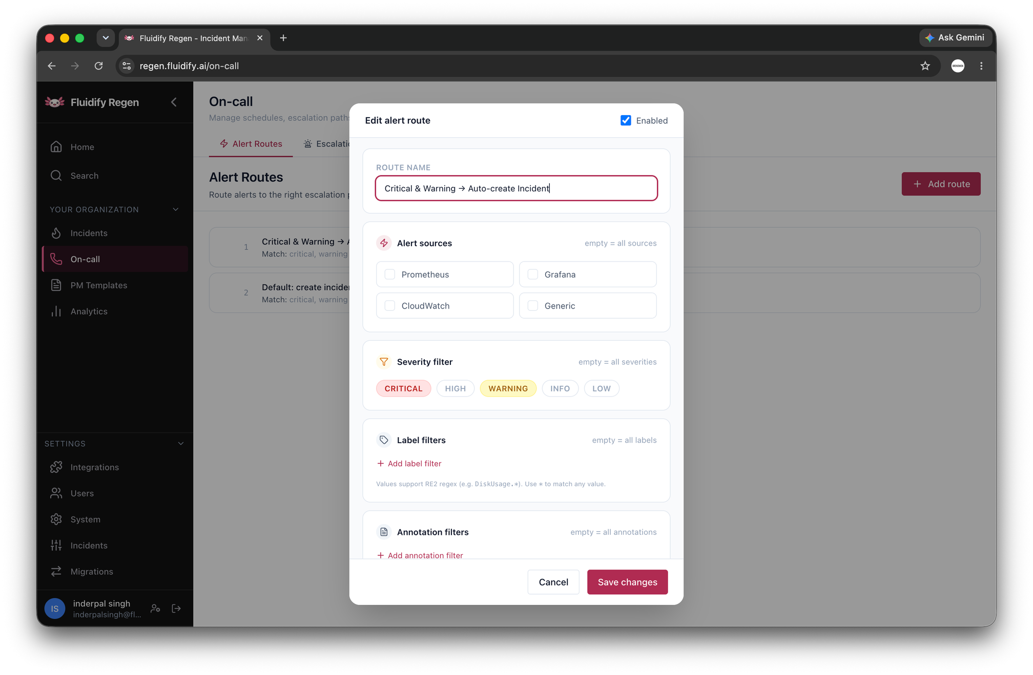 FluidifyAI Regen alert routing configuration