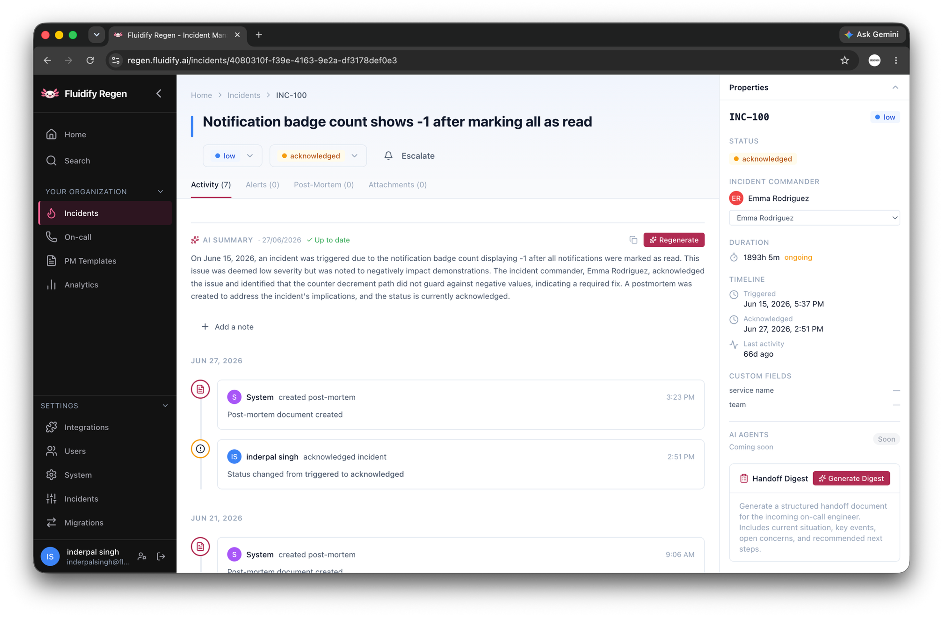 FluidifyAI Regen incident timeline and coordination view