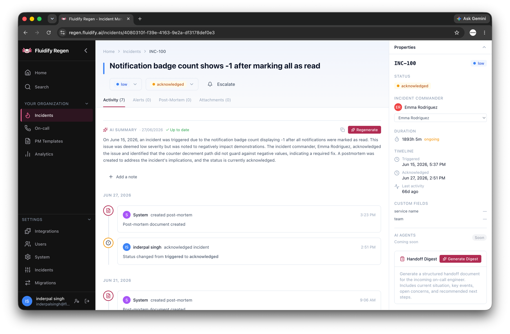 FluidifyAI Regen incident timeline and coordination view