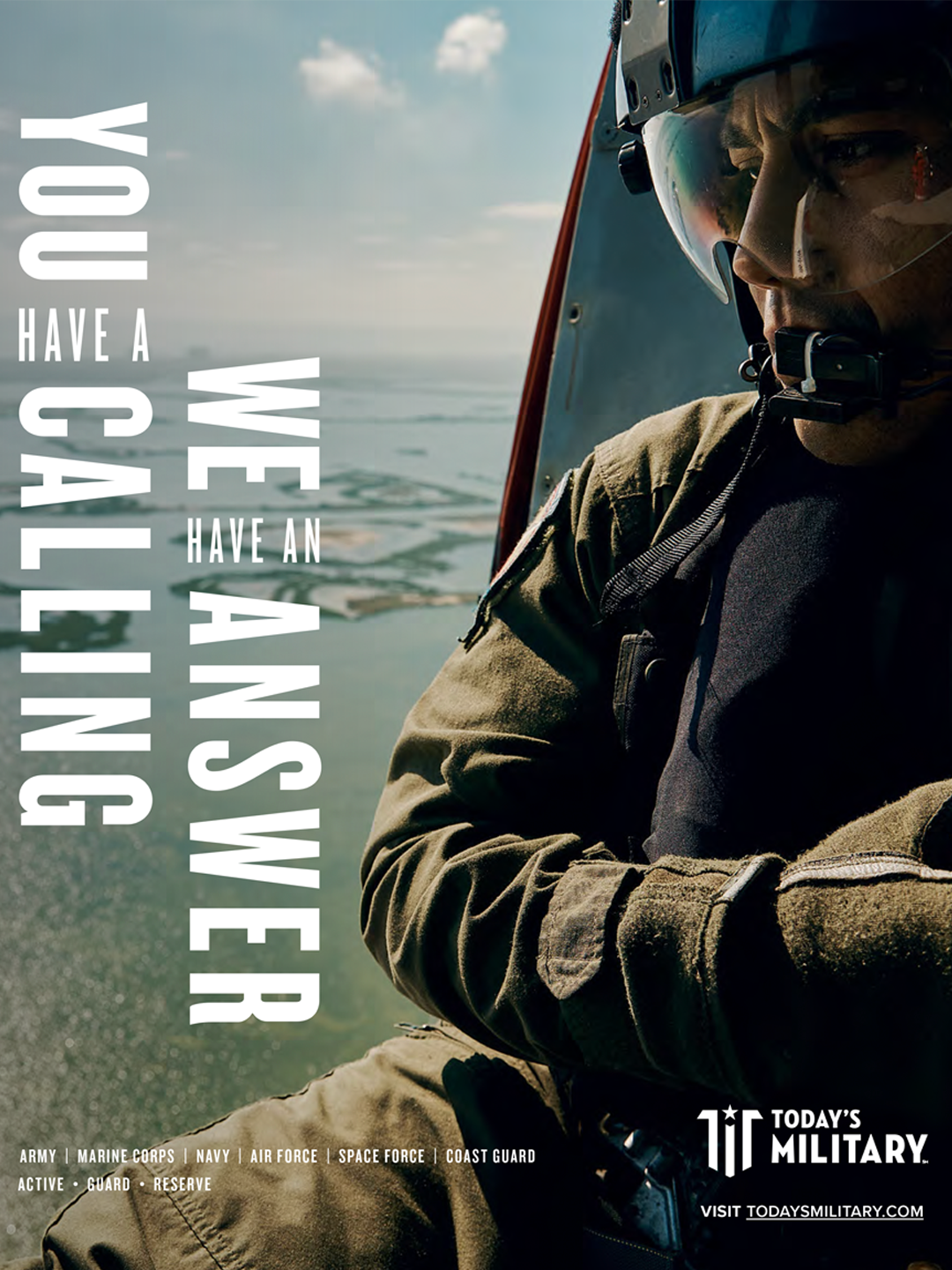 Print ad with military member in helicopter