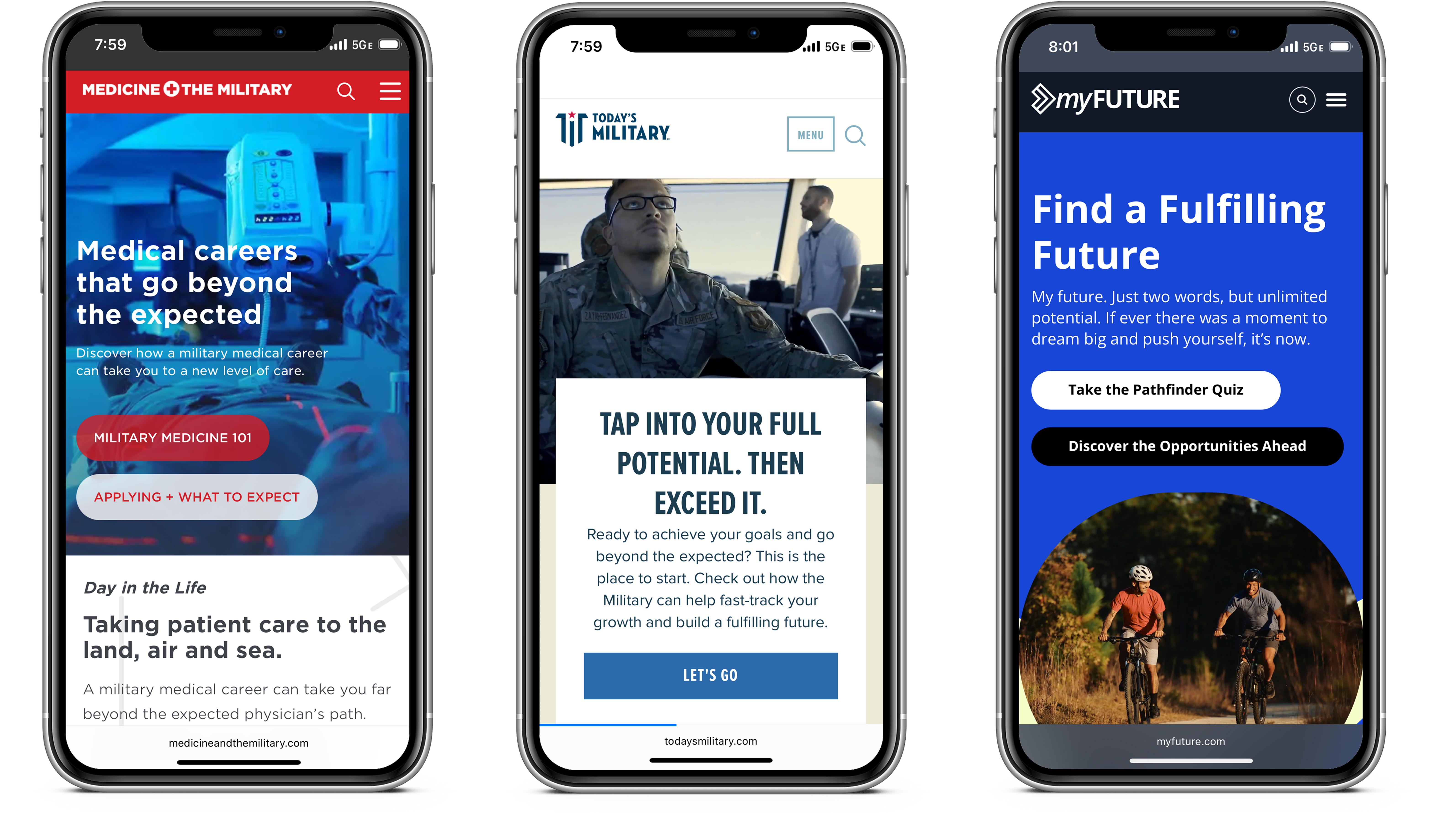 Image of three mobile phones with Today's Military websites