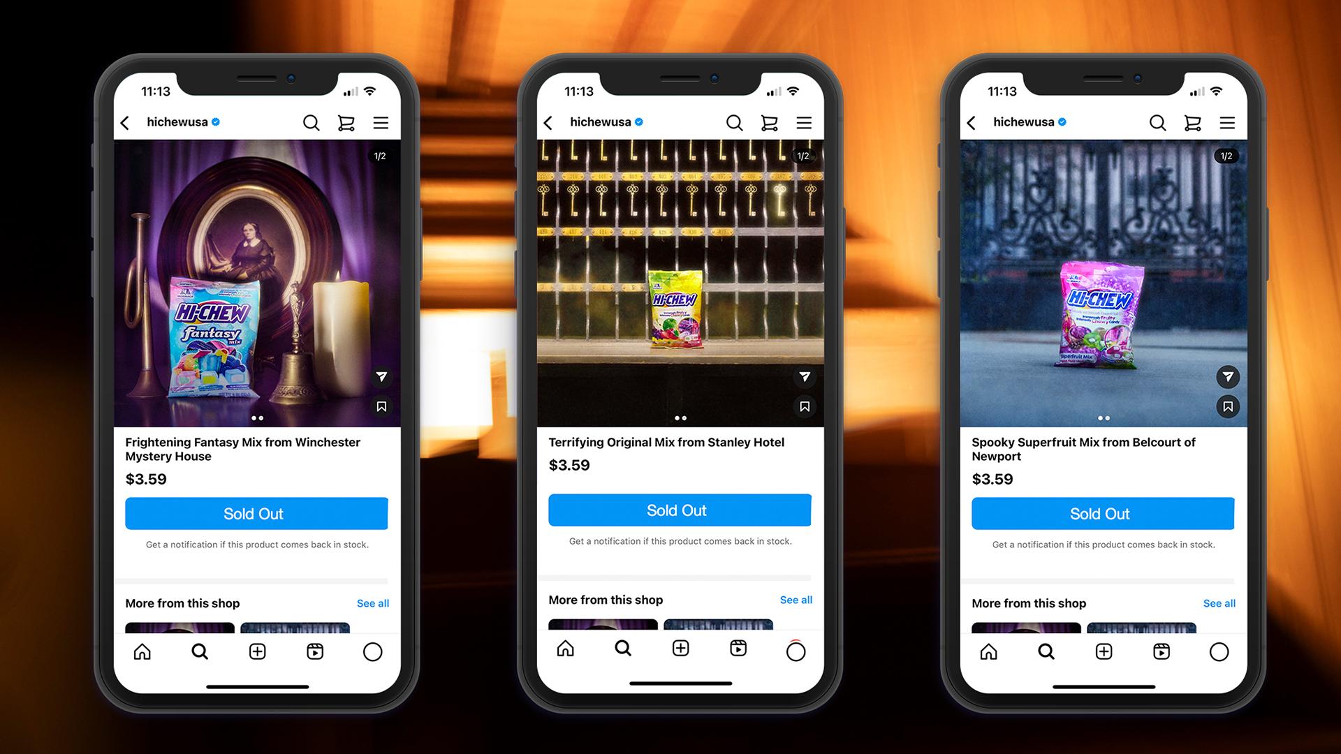 three phones showing sold out HI-CHEW on social