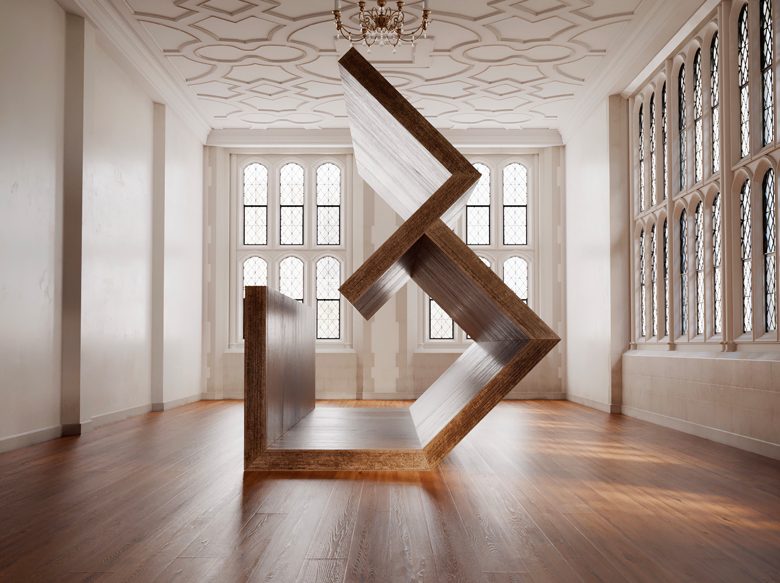 Wooden sculpture of the "B" shaped logo for The Branch Museum of Design