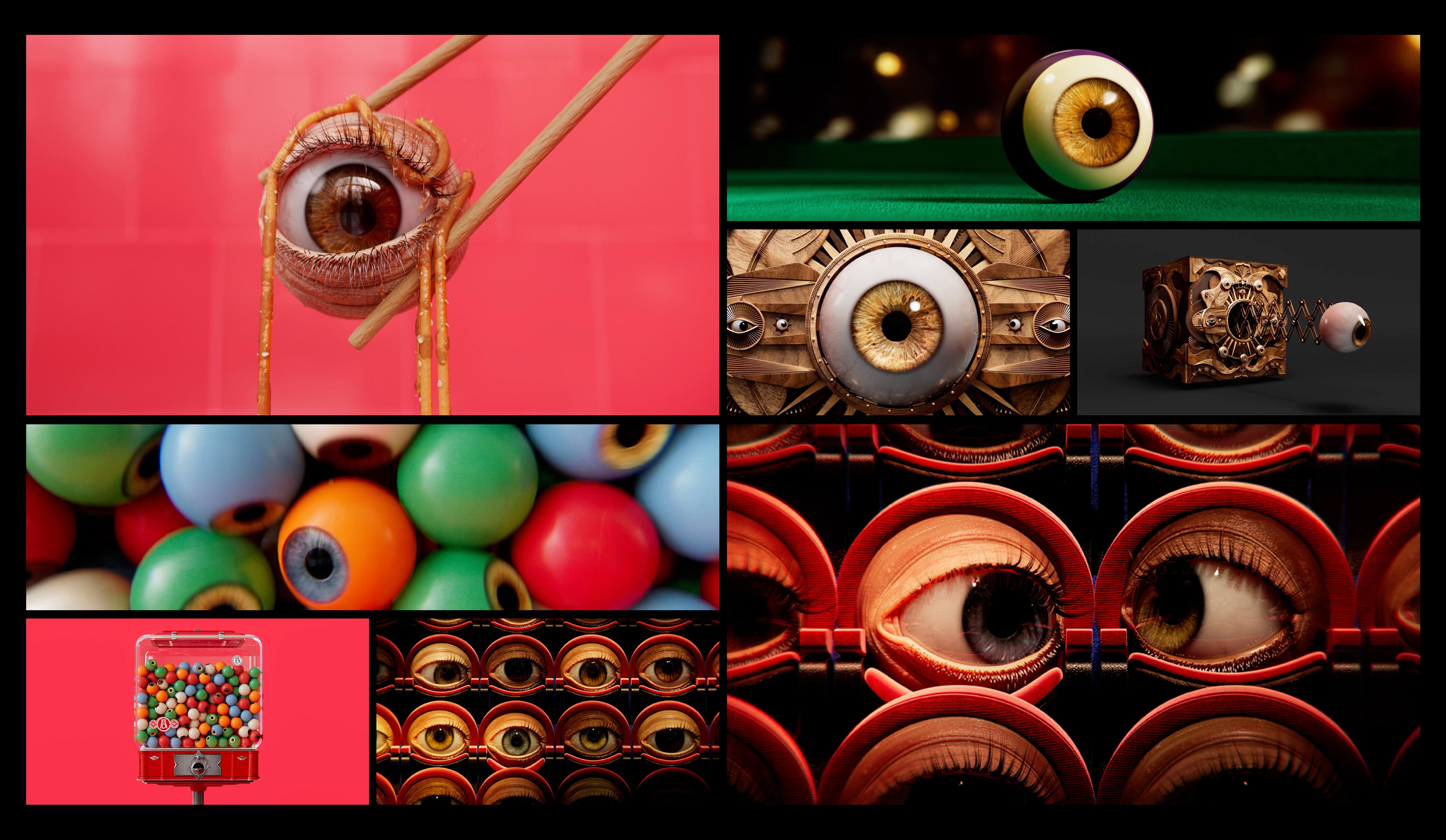 eyeball and spaghetti, eyeball pool balls, eyeballs in the movie theater, eyeball gum balls, and eyeball kookoo clock