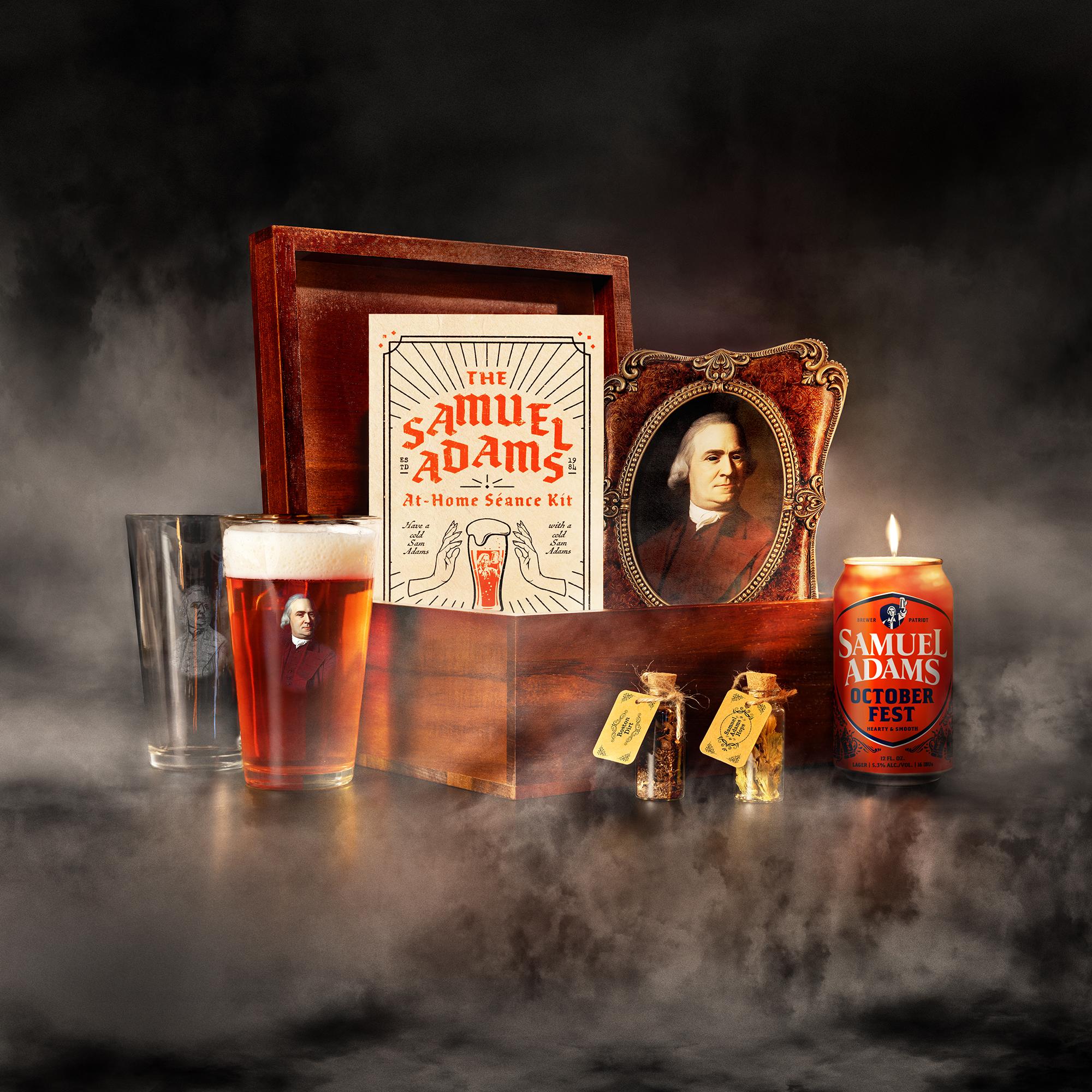 Angry Orchard's Hide & Shriek Can, Woman with vampire teeth, and Samuel Adams At-Home Seance Kit
