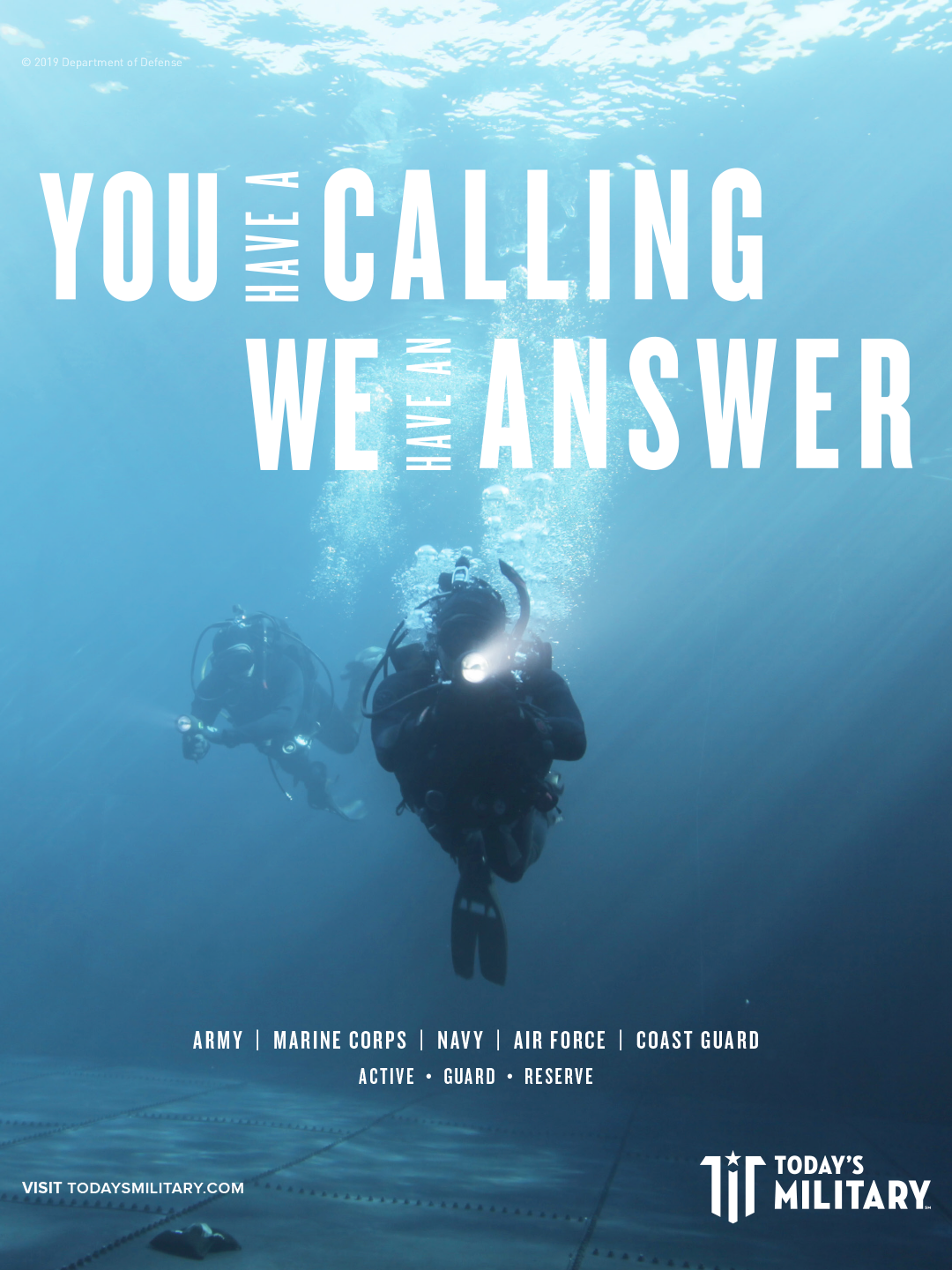 Print ad with military member diving in ocean