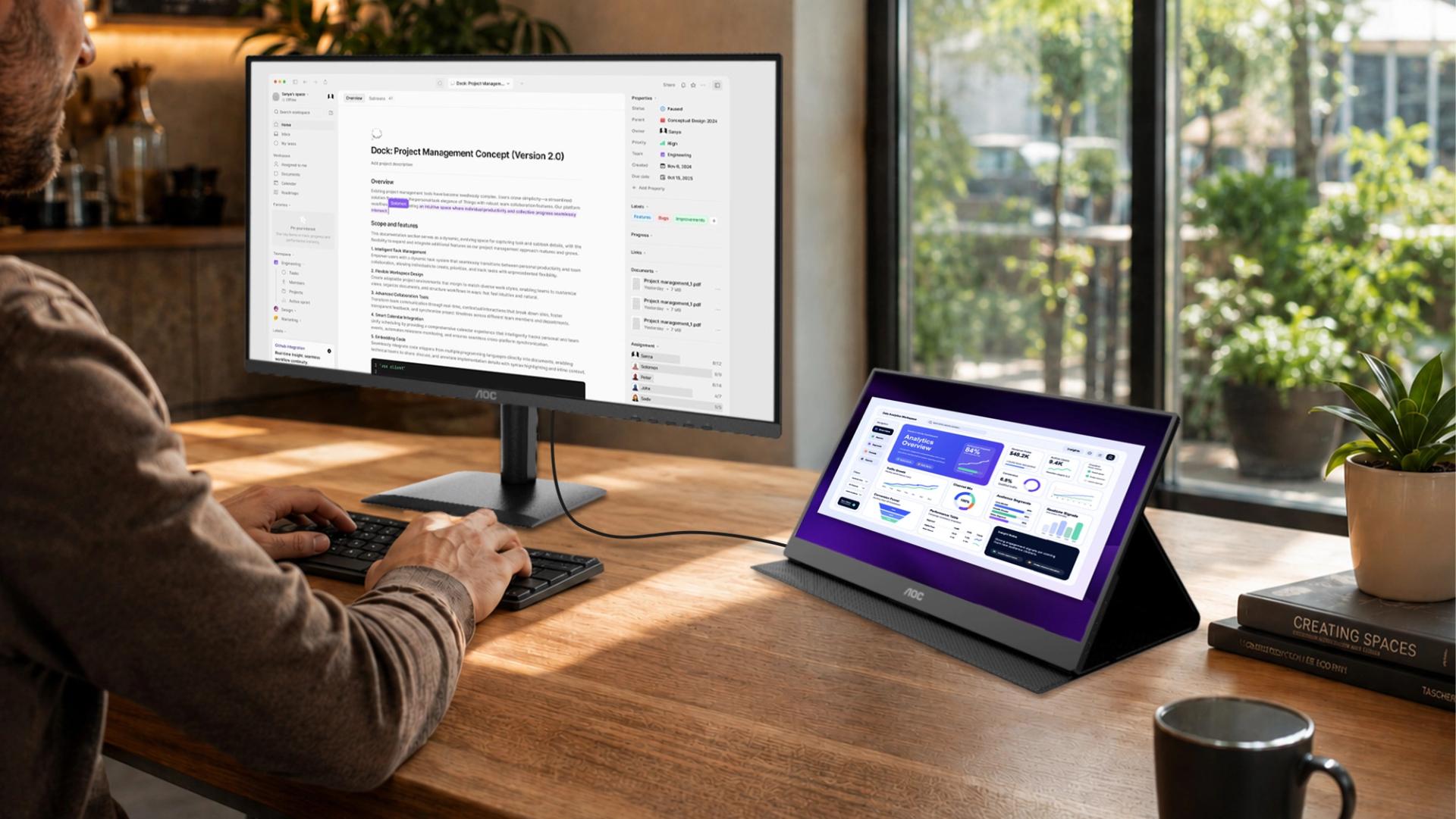 Professional using the AOC 16T20E2 15.6-inch portable IPS monitor as a second screen alongside a desktop monitor, connected via USB-C for an extended workspace in a modern home office.