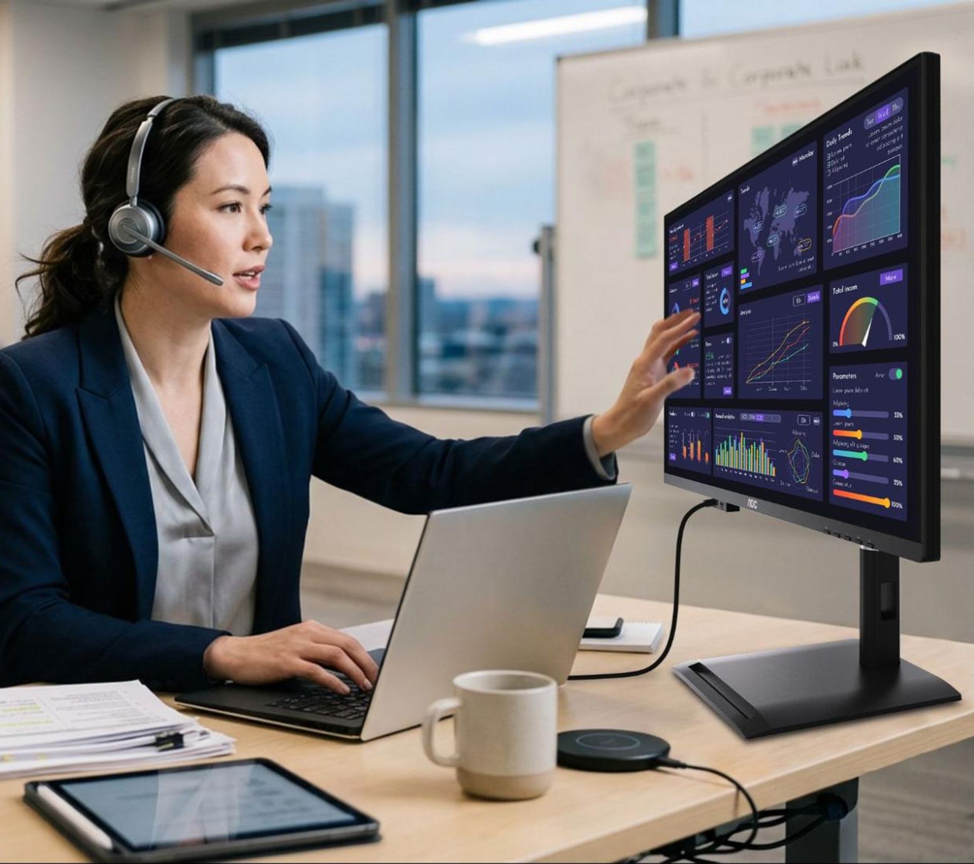 AOC USB-C monitor connected to a laptop in a modern office, creating a one-cable workstation solution for multitasking, video conferencing, and productivity.
