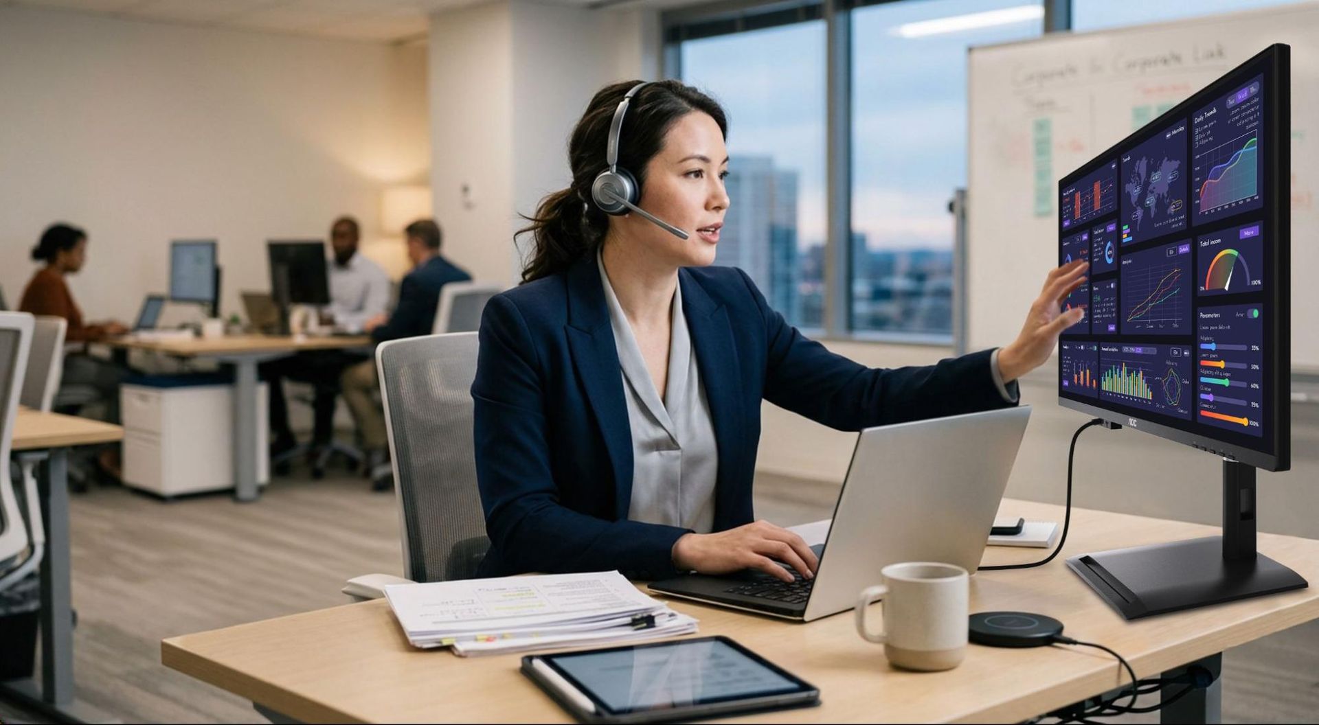 Monitor AOC USB-C collegato a un laptop in un ufficio moderno, creando una soluzione workstation a un solo cavo per multitasking, videoconferenze e produttività.