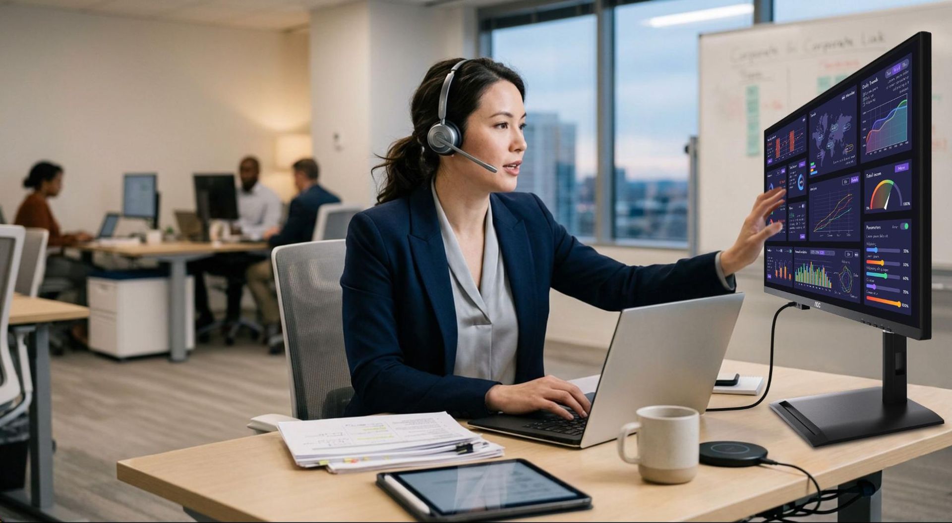 Monitor AOC USB-C collegato a un laptop in un ufficio moderno, creando una soluzione workstation a un solo cavo per multitasking, videoconferenze e produttività.