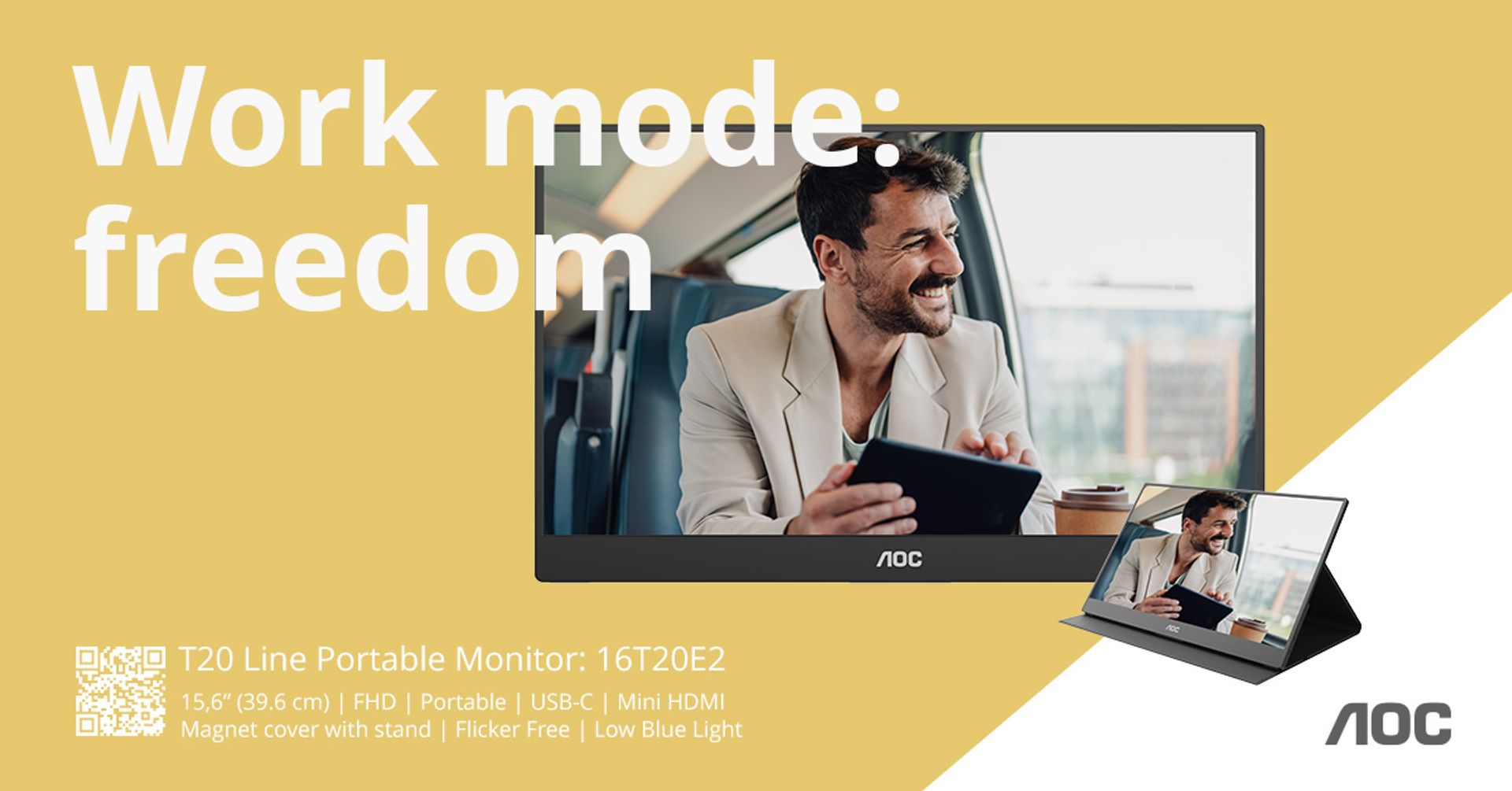 AOC 16T20E2 15.6-inch portable Full HD IPS monitor with magnetic cover used as an adjustable stand, displayed alongside a professional working remotely on a tablet.