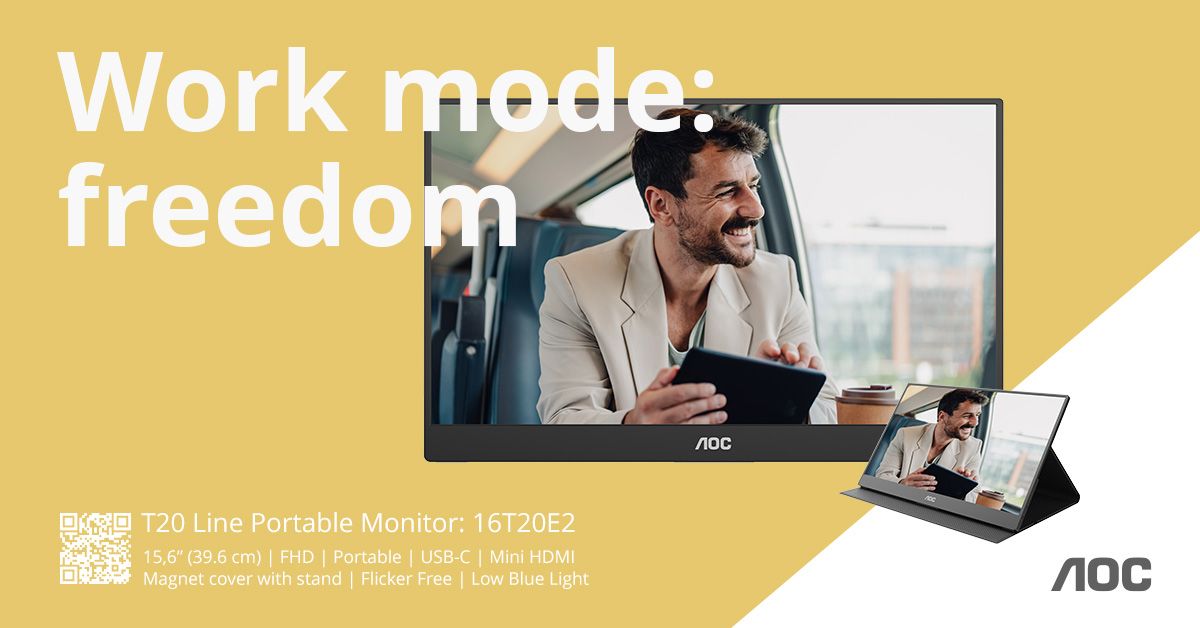 AOC 16T20E2 15.6-inch portable Full HD IPS monitor with magnetic cover used as an adjustable stand, displayed alongside a professional working remotely on a tablet.