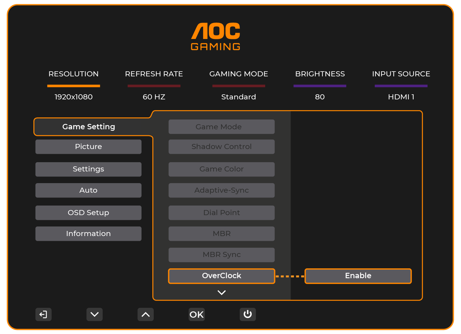 AOC Gaming monitor On-Screen Display (OSD) showing the Game Setting menu with the OverClock option highlighted and set to Enable.