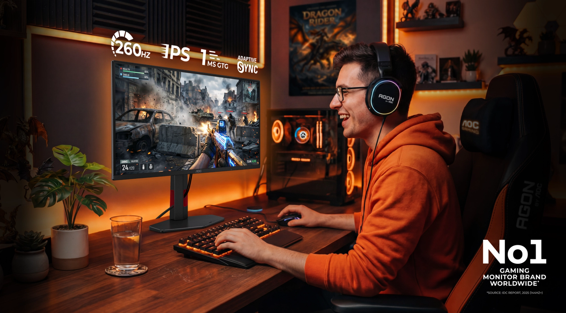 Monitor gaming AOC GAMING 25G4ZR Full HD Fast IPS da 24,5 pollici con refresh rate di 260 Hz e supporto ergonomico in una postazione esports.