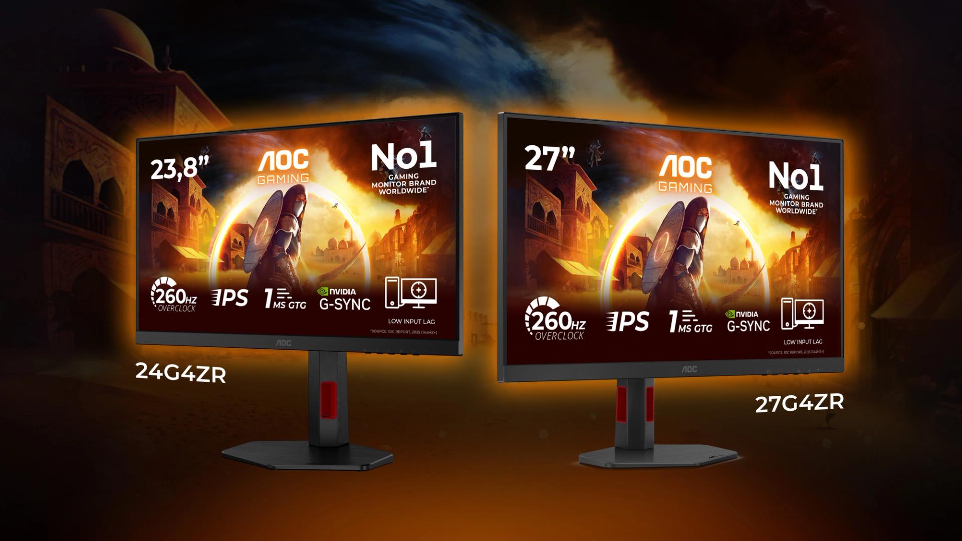 AOC GAMING 24G4ZR and 27G4ZR high-refresh-rate gaming monitors with Fast IPS panels, showcasing ultra-smooth 260 Hz competitive gameplay visuals.