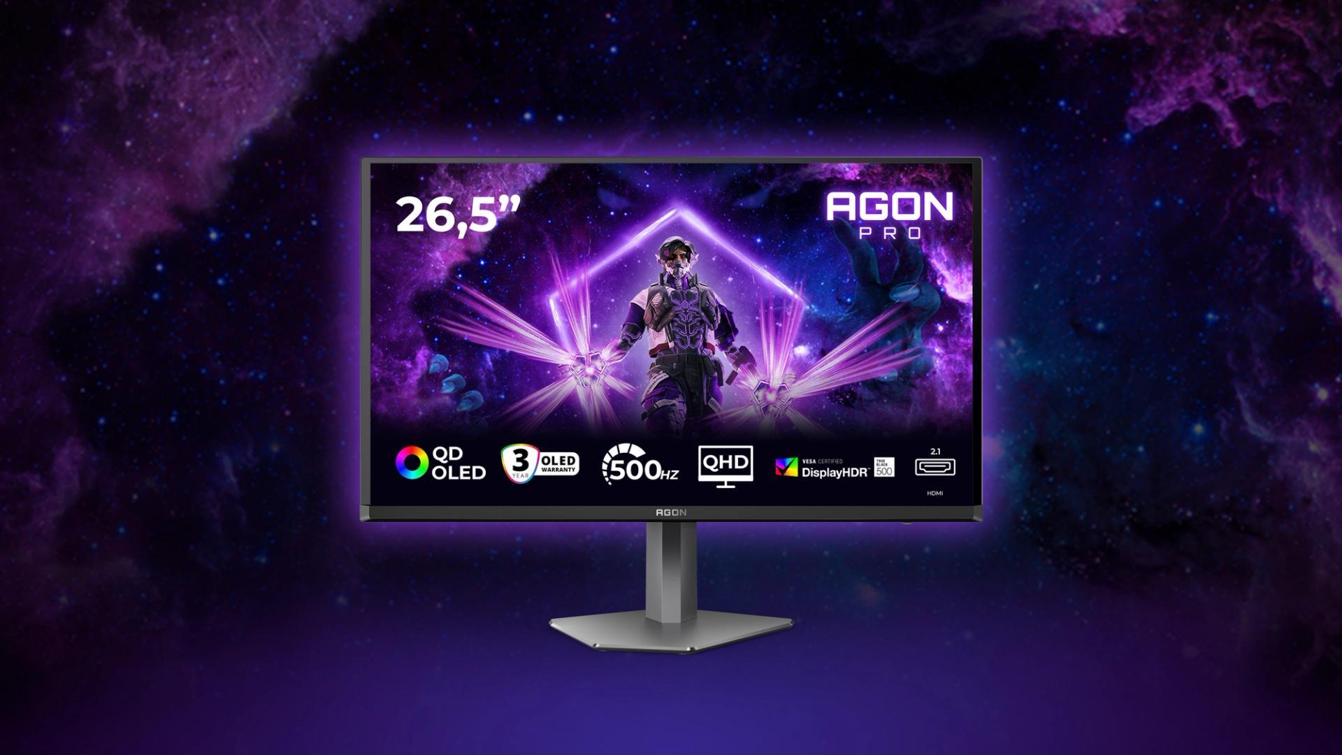 AOC AGON PRO AG276QKD2 26.5-inch QD-OLED gaming monitor with vibrant esports visuals on screen.