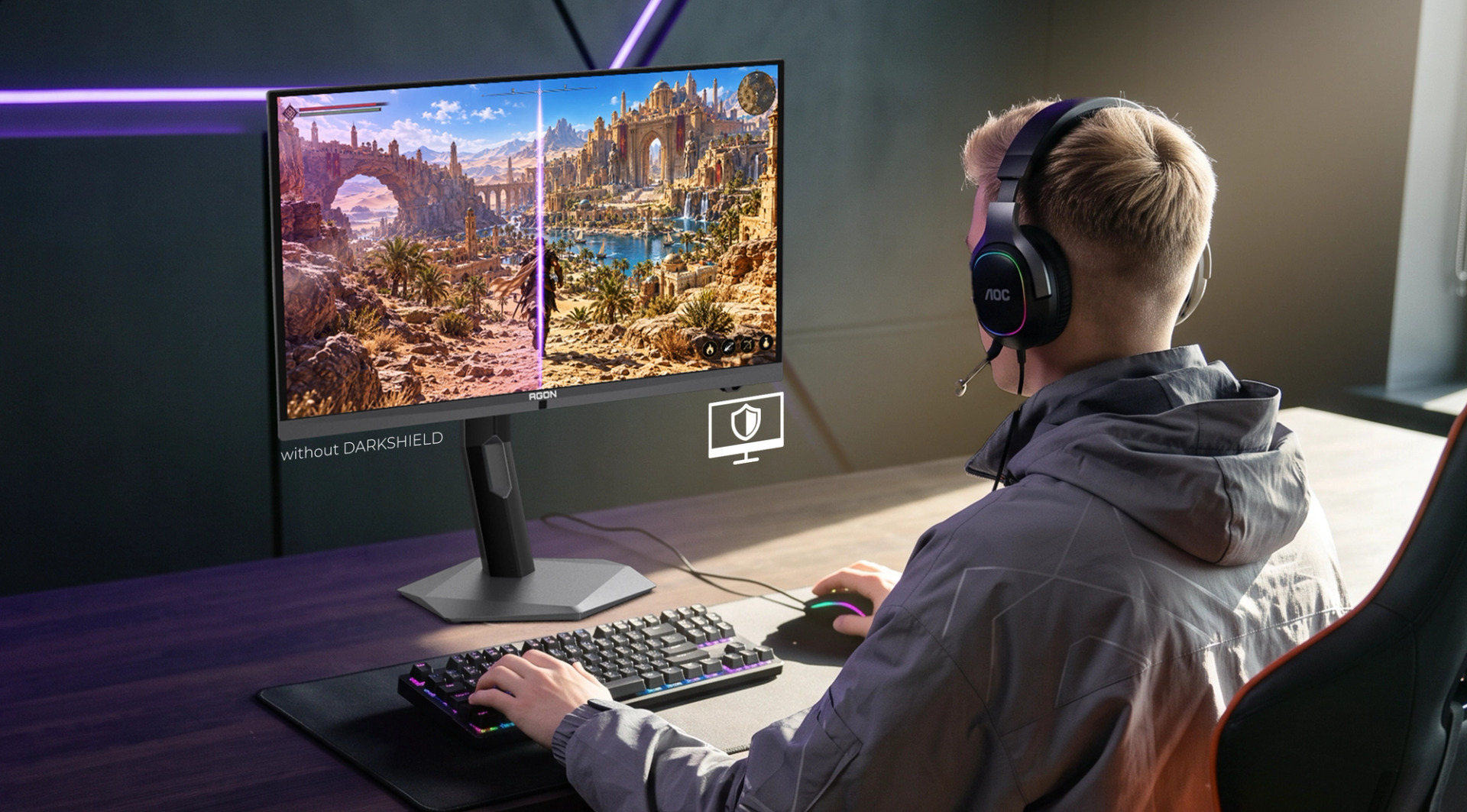 AOC QD-OLED monitor with DarkShield technology reducing purple reflections and improving deep blacks.