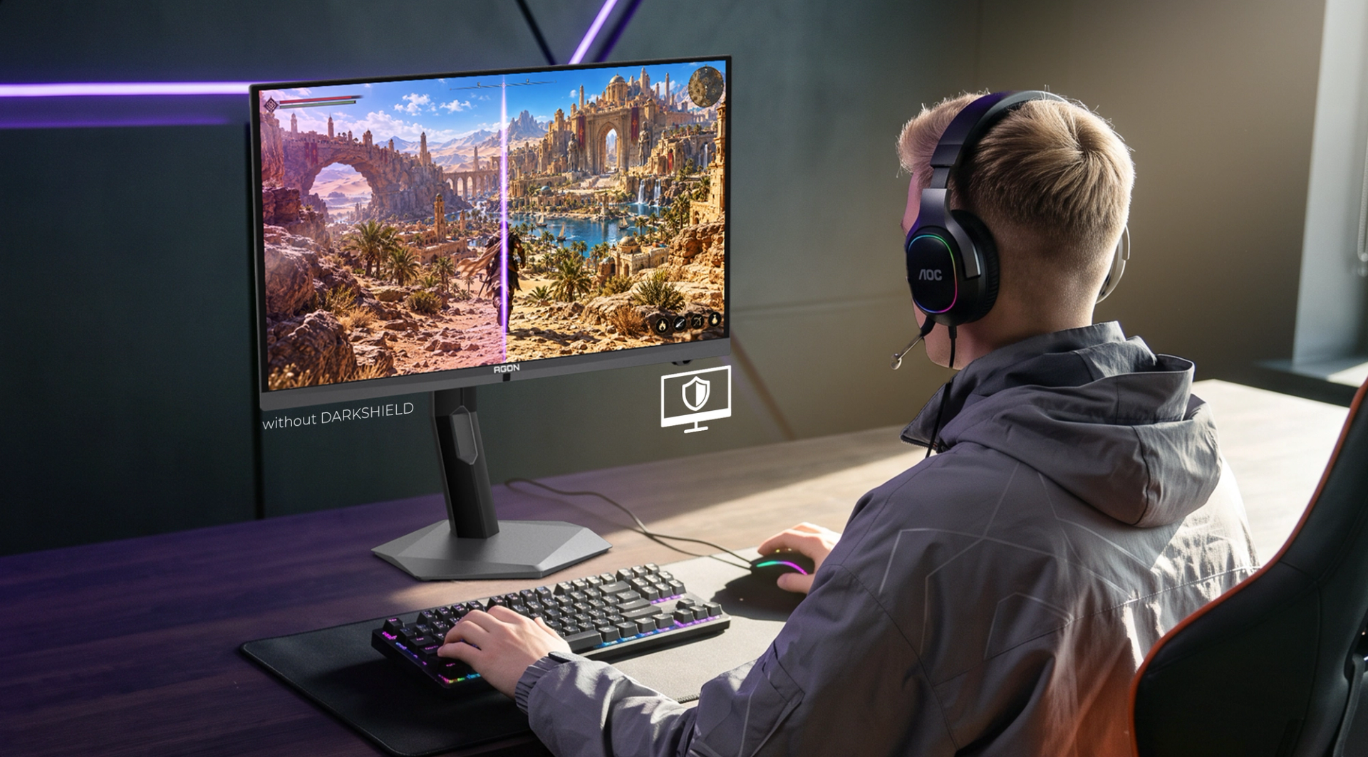 AOC QD-OLED monitor with DarkShield technology reducing purple reflections and improving deep blacks.