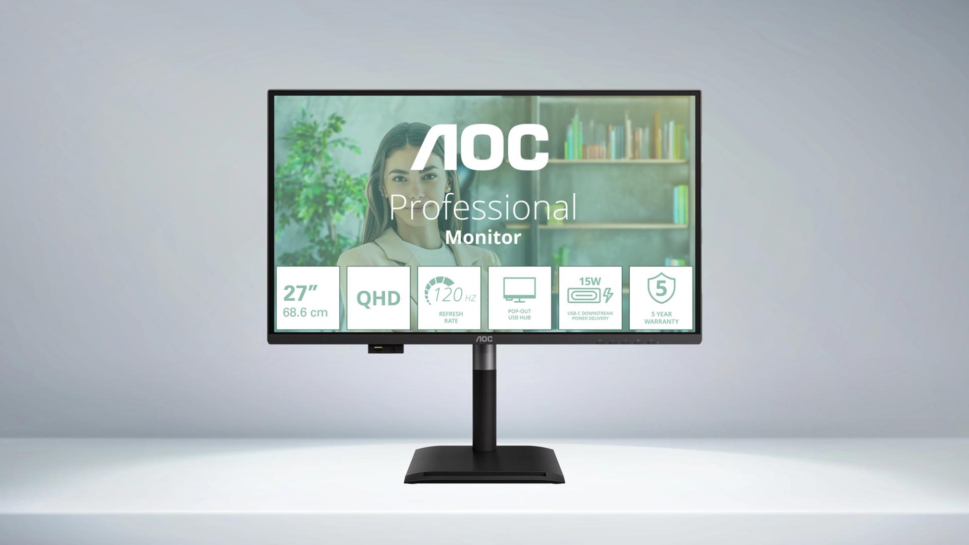 Moniteur AOC Q27P4U 27 pouces WQHD IPS avec 120 Hz, hub USB pop-out intégré, pied ergonomique réglable et configuration de bureau moderne pour travail et multimédia.