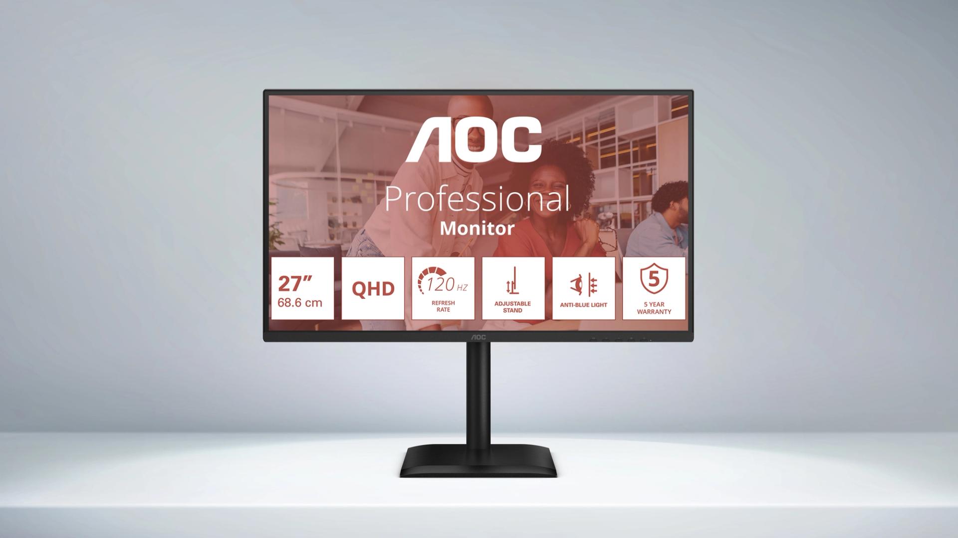 AOC Q27E4U 27-tommer QHD kontorskærm på moderne arbejdsplads med skarp billedkvalitet, ergonomisk design og professionelt kontormiljø.