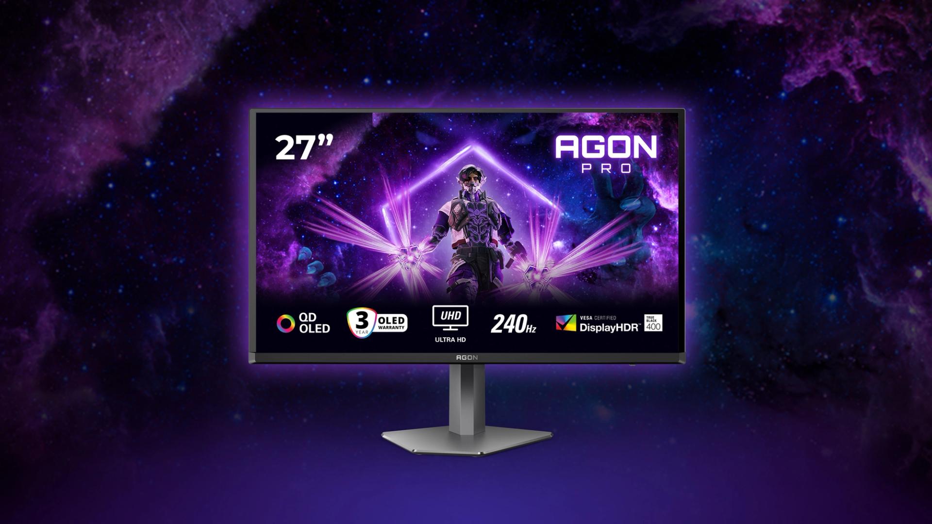 AOC AGON PRO AG276UZD 27-inch 4K QD-OLED gaming monitor with 240Hz and vibrant OLED visuals.