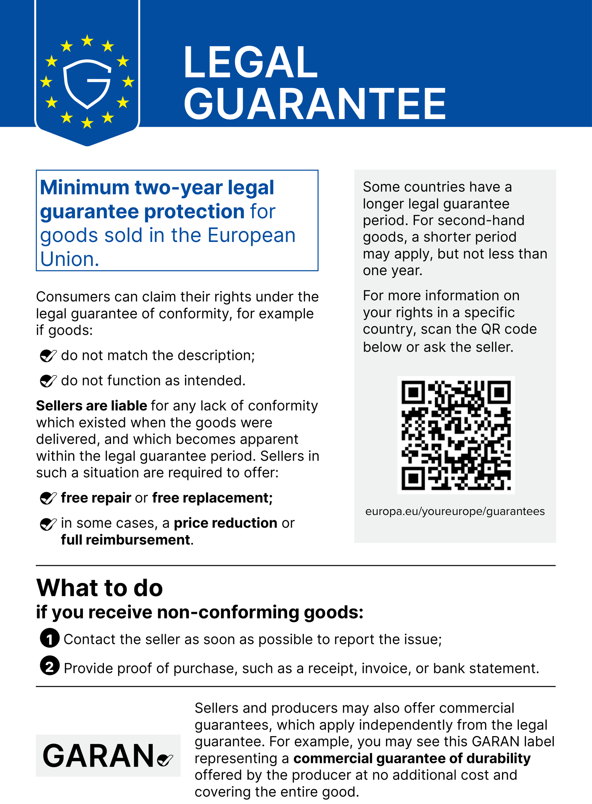 Harmonised Notice explaining the EU minimum two-year legal guarantee, consumer rights, available remedies, and a QR code for more information.