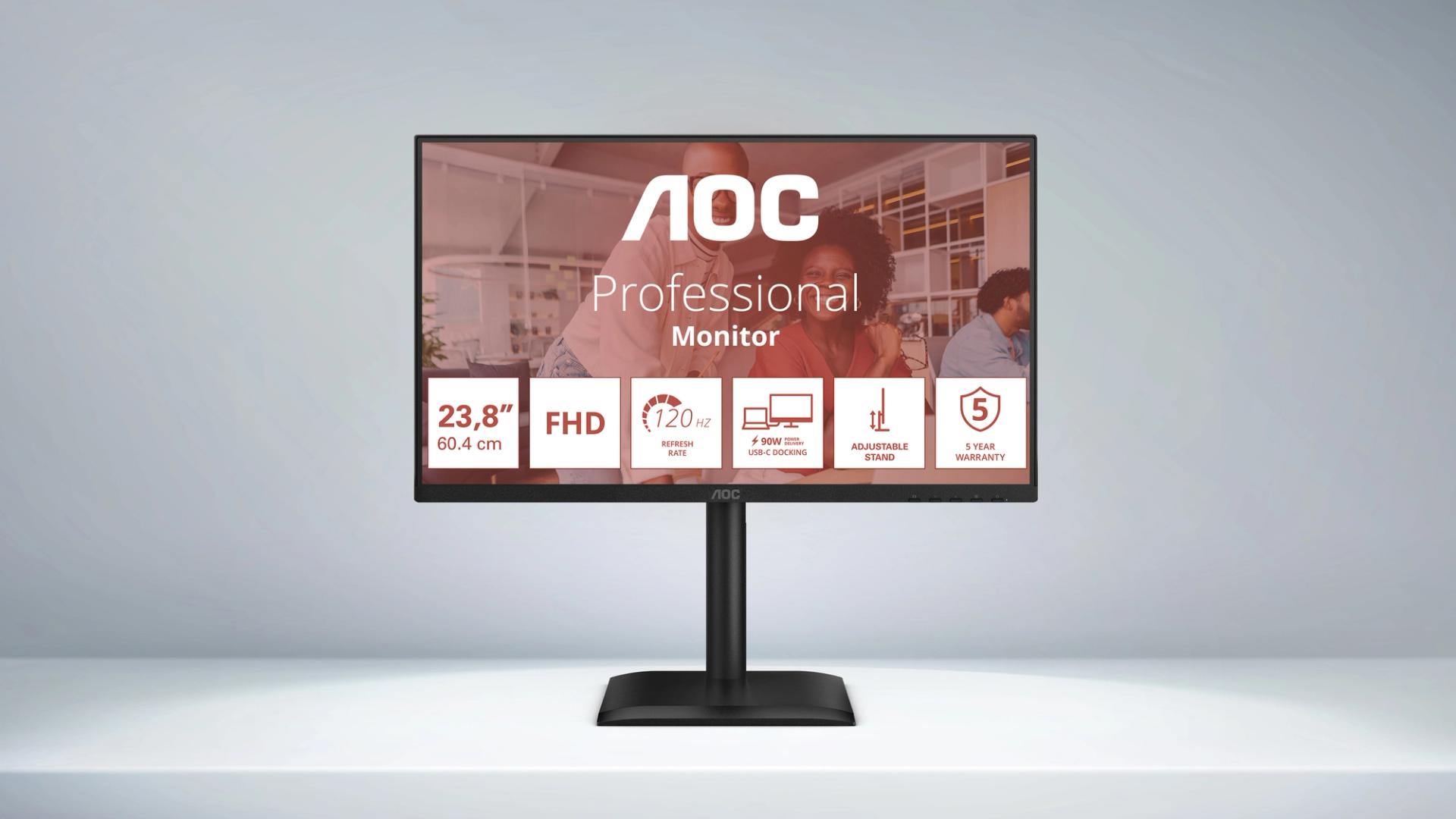 AOC 24E4CV 24 tuuman työpistenäyttö modernilla työpöydällä, telakkatoiminto, vähäiset kaapelit ja korkea virkistystaajuus siistiin toimistoympäristöön.