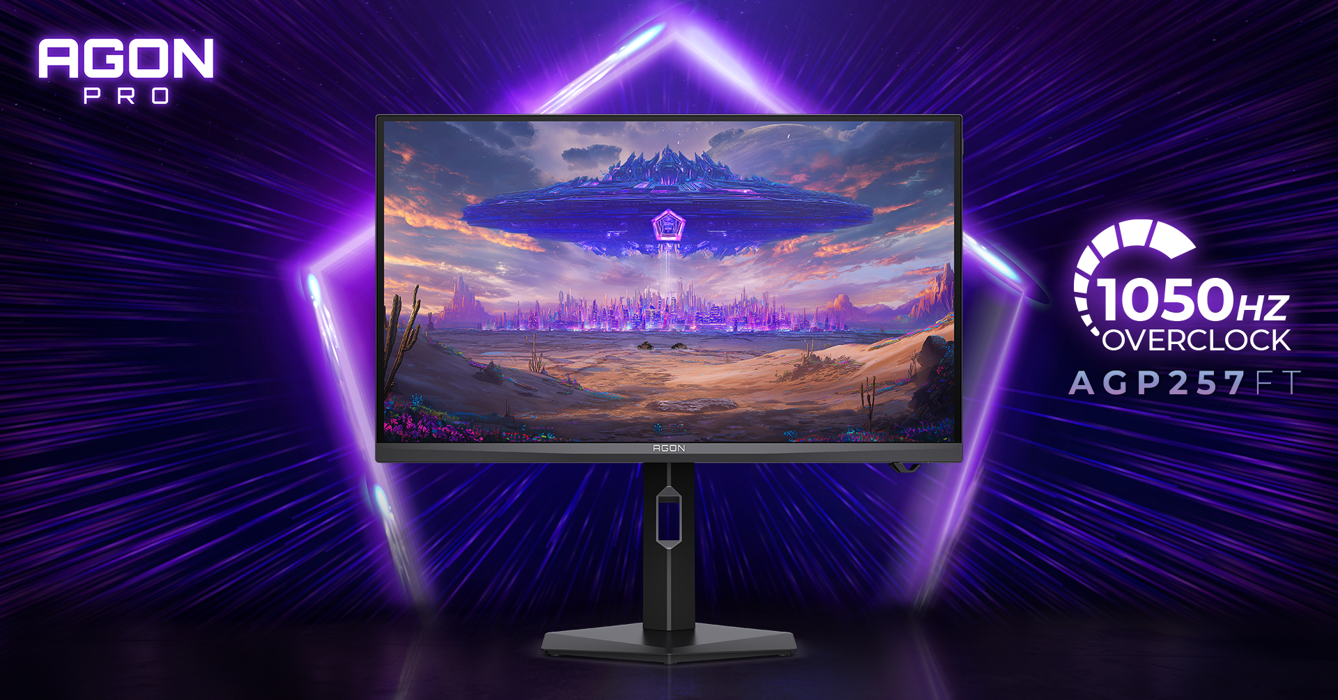 Front view of the AGON PRO AGP257FT gaming monitor, displaying a sci-fi landscape with an alien spaceship and futuristic city, featuring a "1050Hz OVERCLOCK AGP257FT" badge on the right.