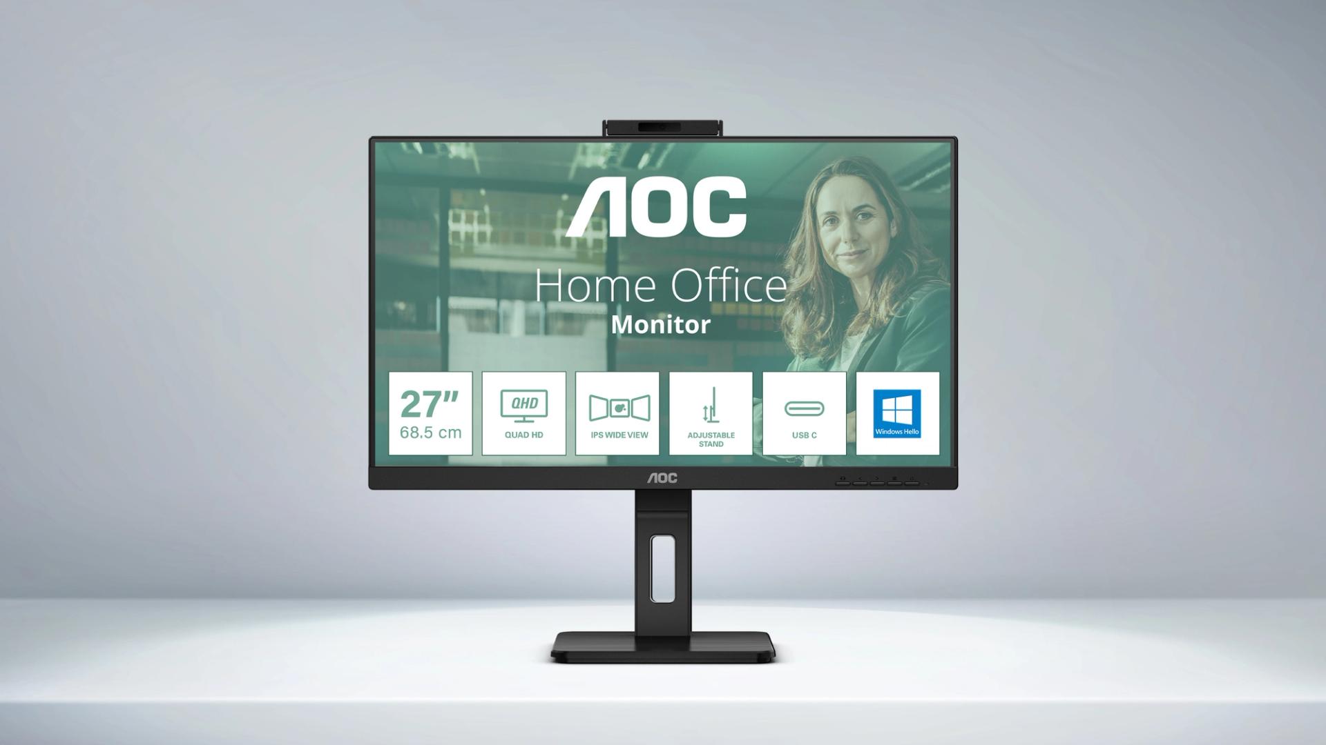 Monitor AOC Q27P3CW s QHD rozlišením, integrovanou webkamerou, mikrofonem a USB-C dokováním pro moderní home office a videokonference.